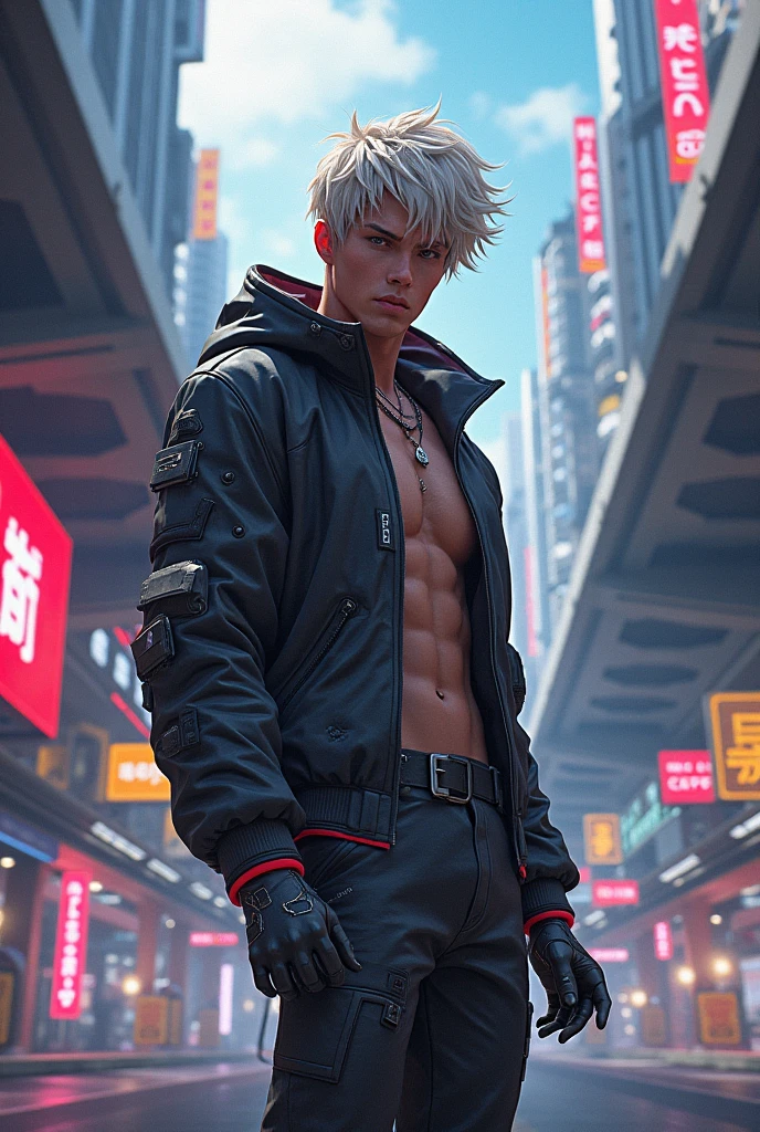 tanned skin, young guy, full body scene, masculine, seen from slightly above centre, posing aggressively, looking away, raining, wet, dripping, grunge technology graffiti scene, punk, futuristic, light body hair, leather pants with red pattern, tattoos, ((skinny athletic)), badass, bad attitude, scowling, ((he is solo)), ((he is alone)), shirtless
