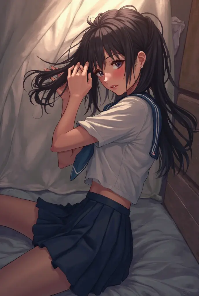 (32K:1.9, Realistic:1.9, Highest quality, masterpiece, Ultra-high resolution), Perfect dynamic composition:1.3, Highly detailed skin and facial textures:1.3, (Cute sexy slim Japanese schoolgirl, height: 155cm), ((Lying in bed:1.4, Strike a pose:1.3)), Fair skin, ((Clarity:1.1)), (The woman is wearing a uniform with a light blue bow tie.:1.3, Black hair in a ponytail:1.3, smile:0.9, A man completely charms a woman:0.9, beautiful Blue Eyes, beautiful, Clear Eyes:0.8), Sexy Face:0.4, blush:1.1, ((beautifulエロティシズムを醸し出す雰囲気:1.0, Professional random camera work:1.0, Cinematic Lighting Effects:1.0, romantic:1.0, artistic:1.0, mysterious:1.0)), Too erotic, Object of admiration, original, dramatic, Innovative, charm, Heartful, Fancy, Tilt, sense of loss, special, exciting, Extreme, sense of openness, joy, joyの表現, ((若さのcharm, 女性的なcharm))