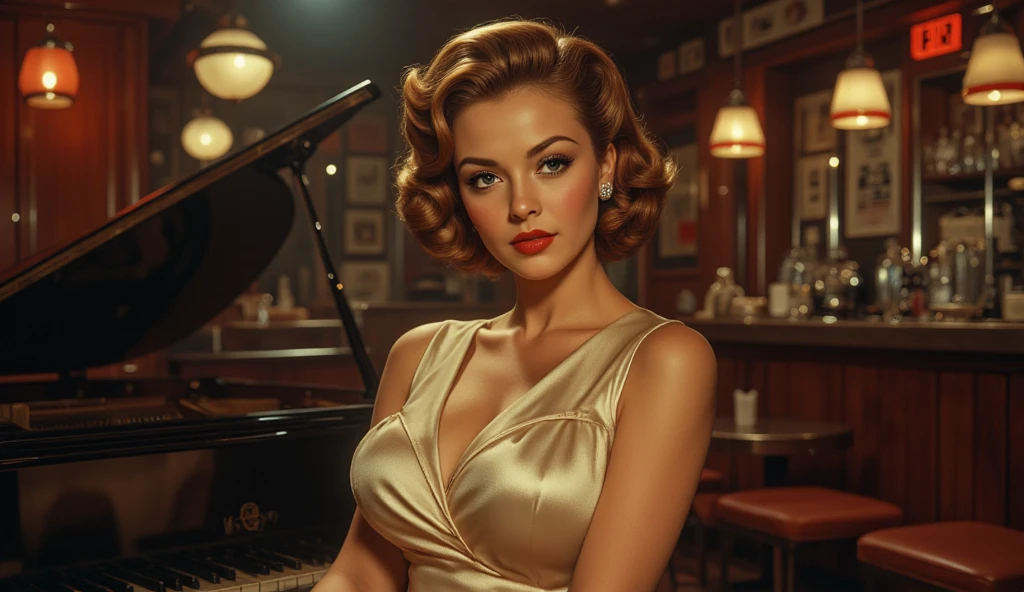 A confident woman in a 1940s satin dress striking a pose by a piano, soft curls, pearl earrings, dramatic side lighting, vintage jazz club atmosphere

