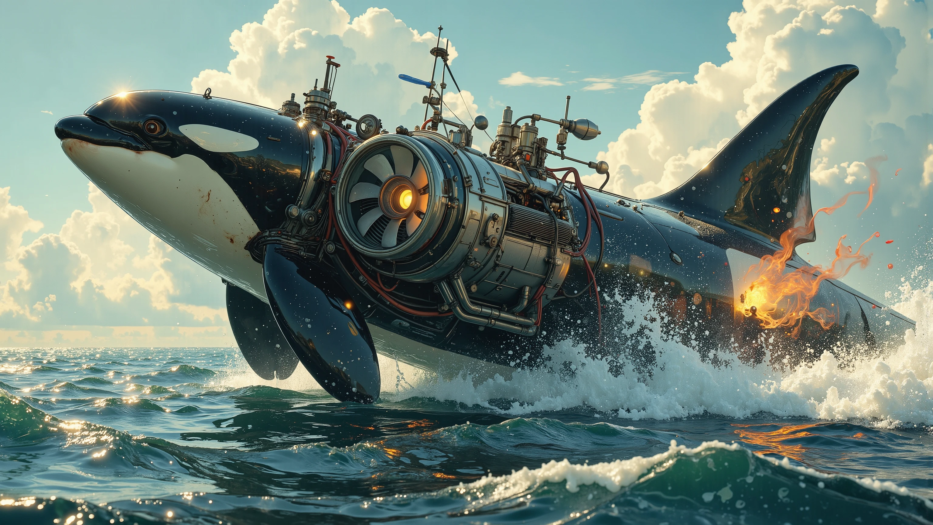 A majestic orca whale, its body gleaming in the sunlight, proudly displays a massive rotary propeller engine attached to its nose. The blades spin at an incredible pace, generating a whirlwind of diesel smoke and flames as it revs up like a dragster. With its fin blazing like an exhaust pipe, the orca lifts off the water's surface, soaring into the sky with the precision of an airship, as if defying gravity itself. Ray tracing and UHD render this photorealistic masterpiece in stunning detail, making it an award-winning visual spectacle.