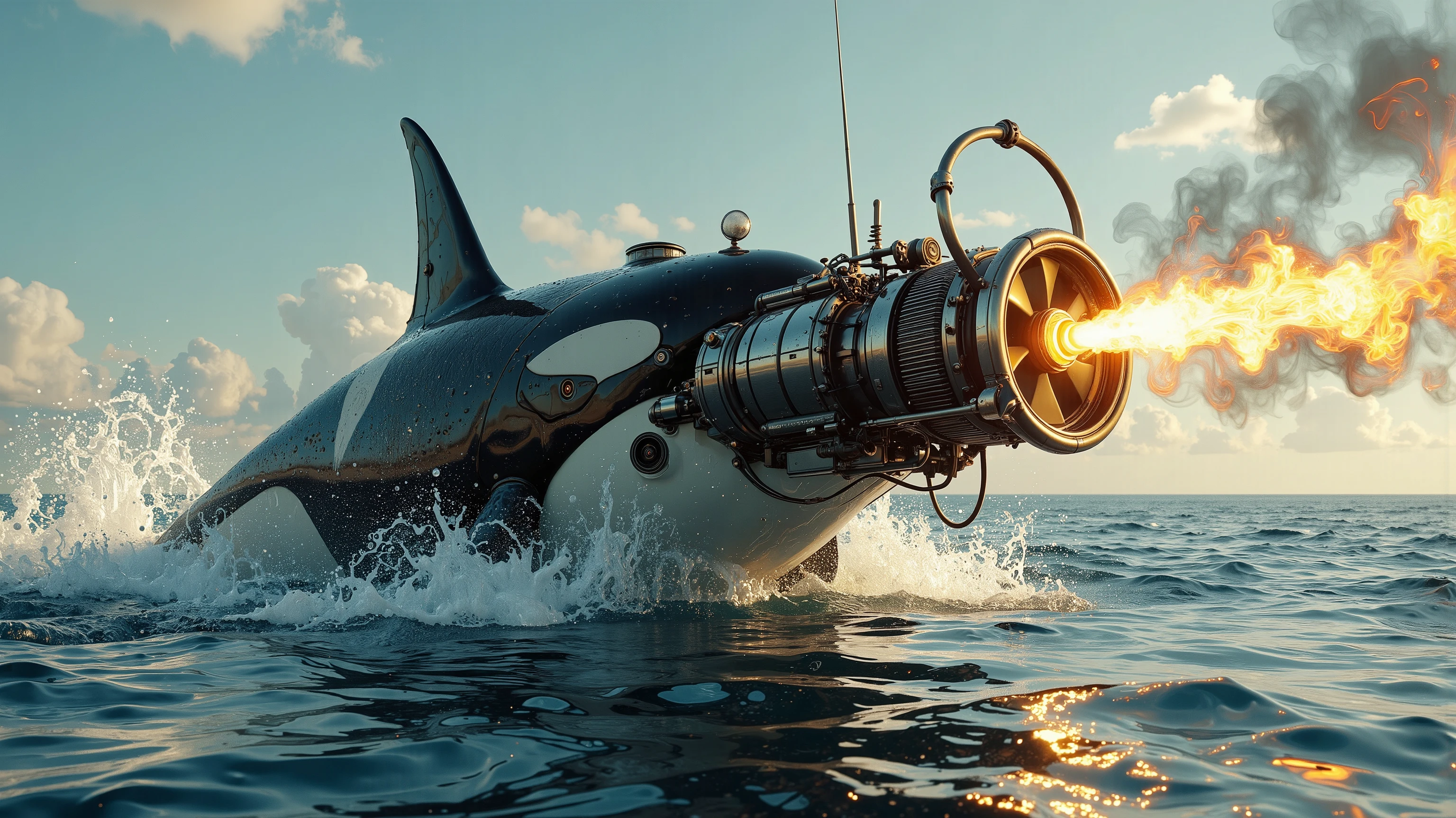 A majestic orca whale, its body gleaming in the sunlight, proudly displays a massive rotary propeller engine attached to its nose. The blades spin at an incredible pace, generating a whirlwind of diesel smoke and flames as it revs up like a dragster. With its fin blazing like an exhaust pipe, the orca lifts off the water's surface, soaring into the sky with the precision of an airship, as if defying gravity itself. Ray tracing and UHD render this photorealistic masterpiece in stunning detail, making it an award-winning visual spectacle.