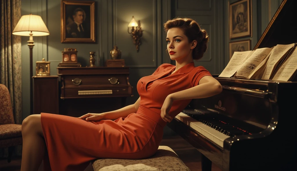 A woman leaning on a grand piano in a 1940s dress, gazing into the distance, jazz sheet music spread around, soft ambient lighting, moody and cinematic

