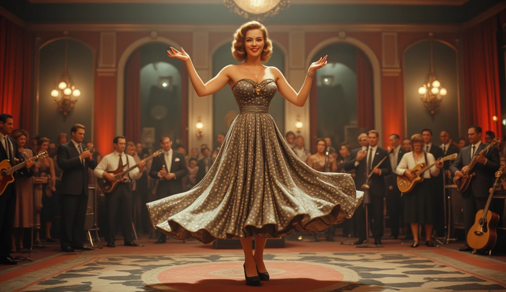 a woman dancing the charleston on a stage, flapper style, shiny sequin dress, 1920s jazz band playing, elegant ballroom, high quality, detailed, photorealistic, warm lighting, dynamic composition, beautiful detailed face and eyes, long eyelashes, glamorous, dramatic, vibrant colors, dramatic lighting