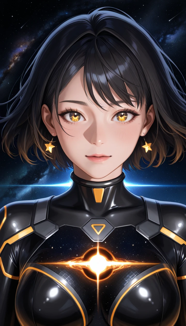 A girl with a beautiful face hovers in space , portrait of a black-haired young woman in zero gravity , against the backdrop of the Milky Way and the supermassive black hole ， Wearing high-tech tight space suits , A huge black hole forms behind it , and the stars behind it float past ， A girl with a beautiful face stood in the center of the planet , and countless golden meteors converge on her . Light painting , holographic ， Central symmetric composition ， the axiometric composition ， realistic ，  skin textures  ，  anatomically correct , {(desktop) (  8k high definition  ) (  in high quality ). (perfectly detailed face), (well-detailed arms) large captivity -ar 3 : 4- Private 6 