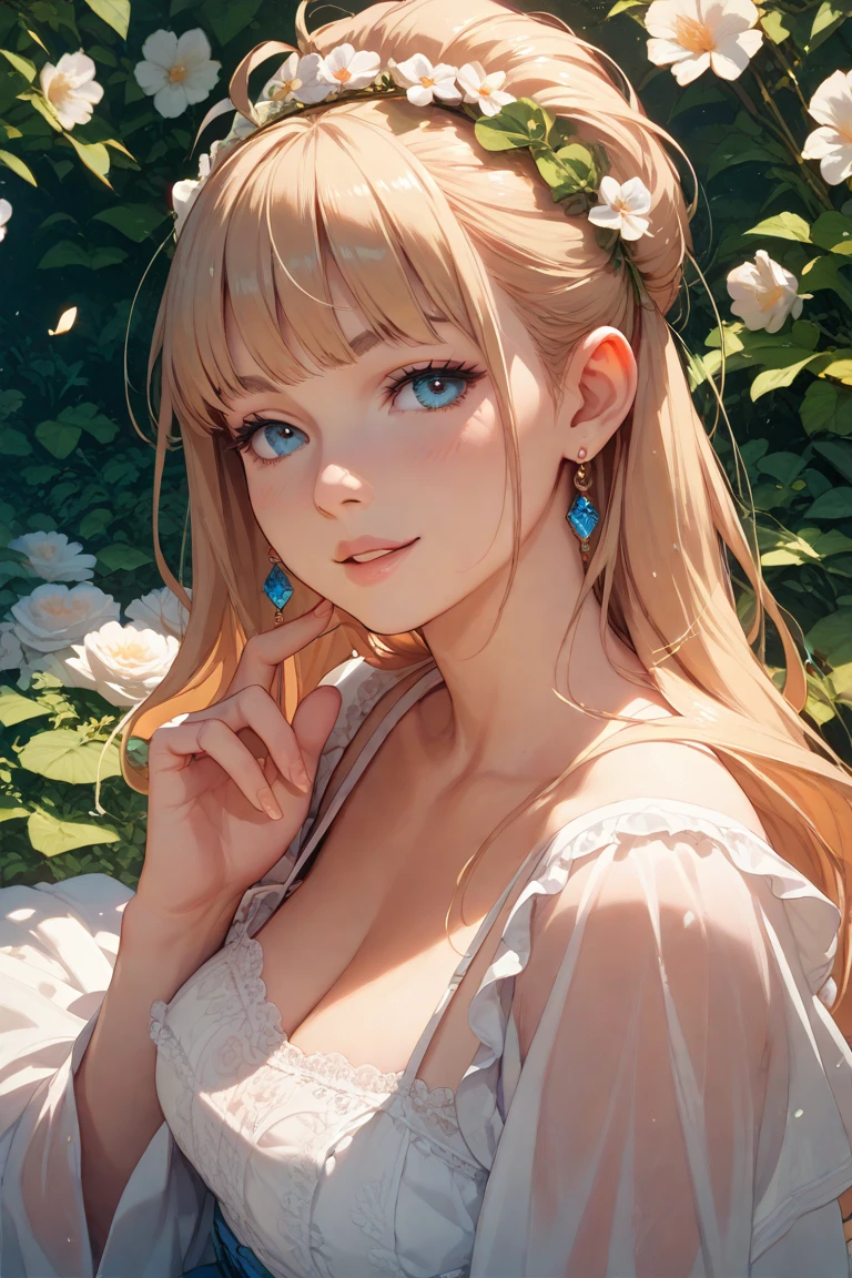 best quality,ultra-detailed,portraits,oil painting,beautiful detailed eyes,beautiful detailed lips,blonde girl in a garden,fairy tale atmosphere,vibrant colors,warm sunlight,soft shadows