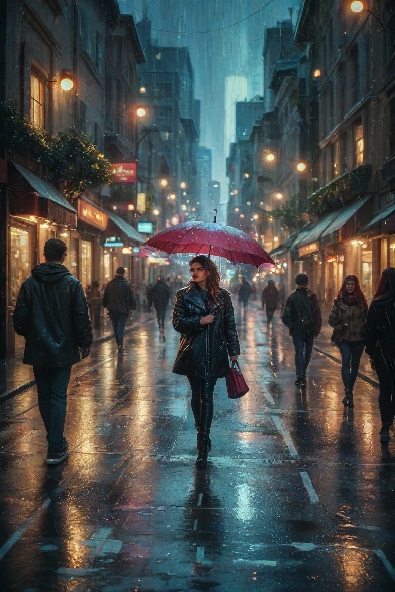 An impressionist Ink Illustration painting of a bustling city street with people walking under umbrellas in the rain Forced Perspective Bokeh Lights Glitch Art a girl front view abstract 
