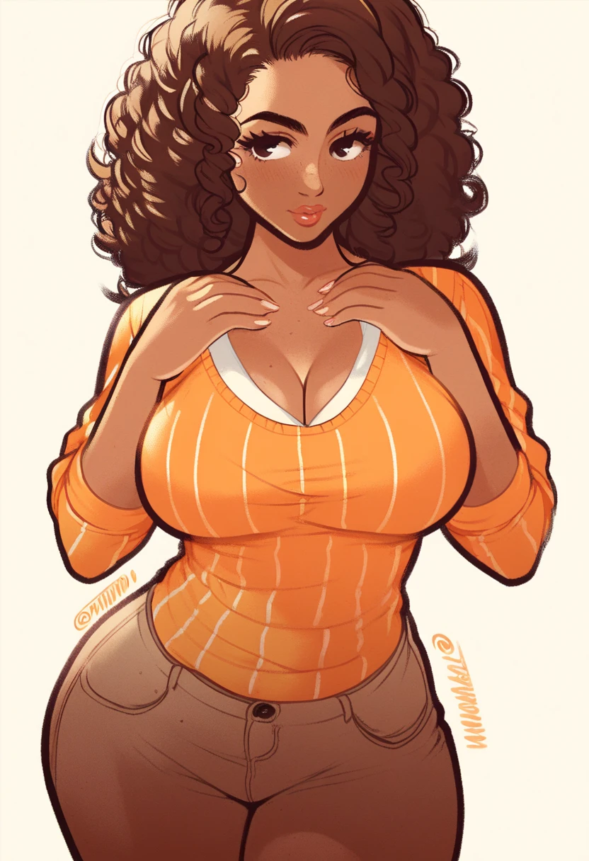 standing, strap slip, bare shoulders, buttocks, thighs, collarbone, navel, curly hair, short hair, brown hair, orange eyes, freckles, grin, simple background, massive breasts, dark skin, cute, huge thighs, voluptuous, thick lips, seductive, white bra, black and blue jacket, open jacket, choker