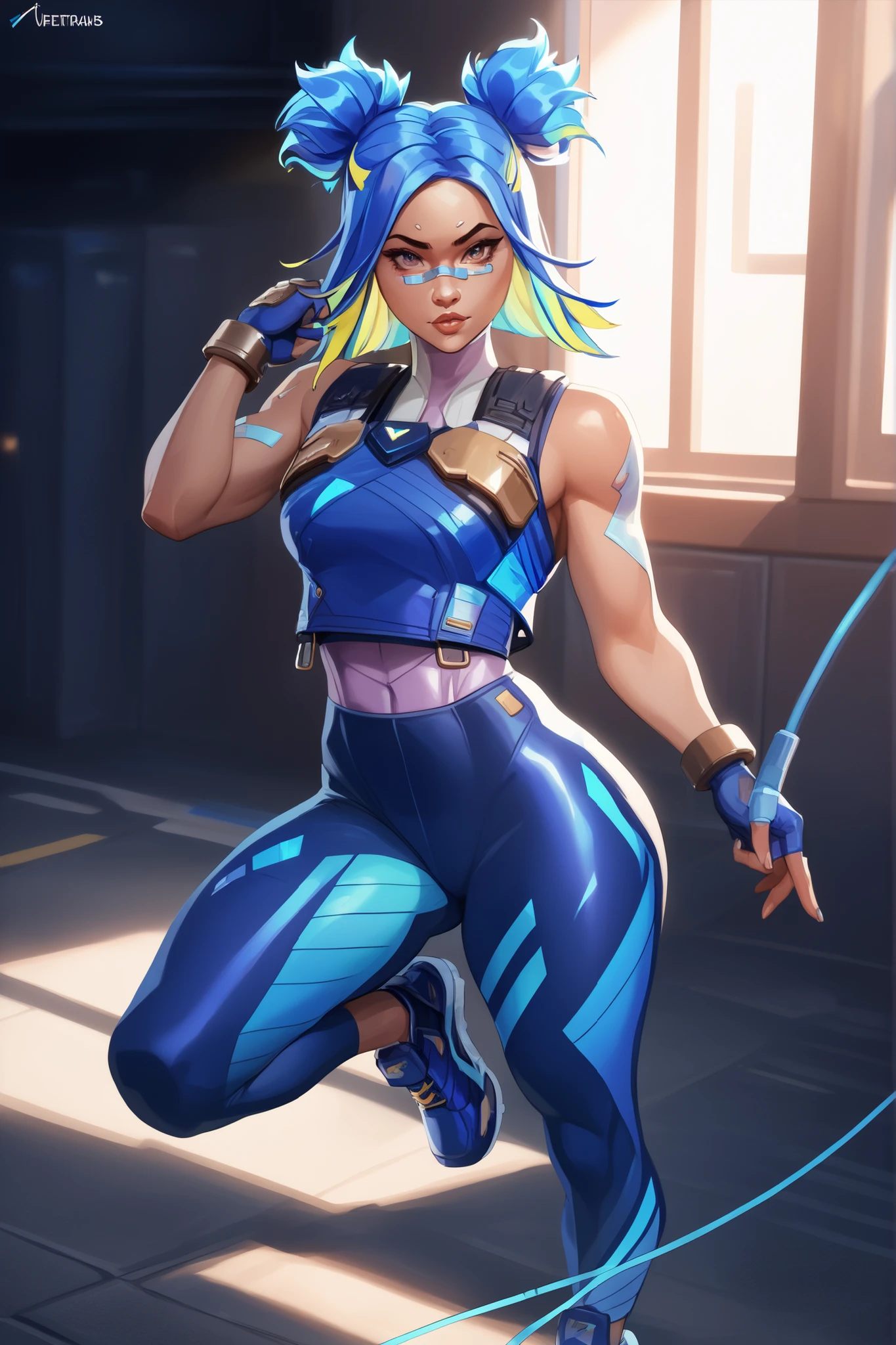 Neon wears a sleeveless sports blouse fitted to the body, with lines that shine in neon blue. She wears blue combat leggings with cybernetic details, and athletic sneakers with thick soles that shine when she runs. She has short finger gloves and electrical cables on her back, reinforcing the look of speed. Her vibrant blue hair is tied in two tails of loose horses, with highlights that shine, highlighting its energy . The look mixes urban and athletic style, with a strong and modern feminine touch. Neon is a confident girl, stylish and full of attitude.