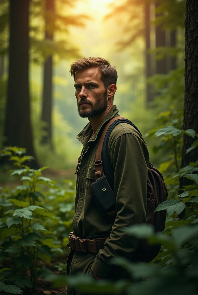 A photograph of a man in the woods from the front