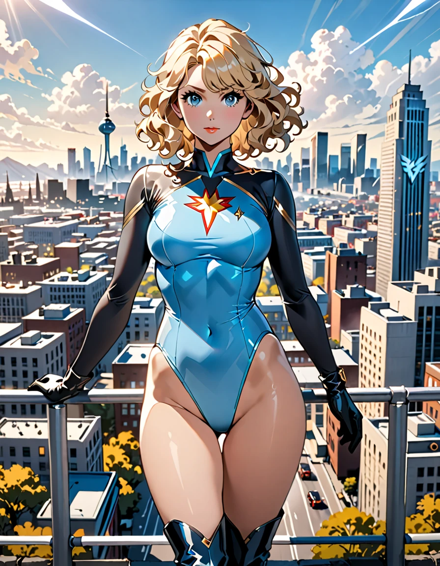 1girl, medium breasts, ((leotard, highleg leotard, light blue leotard)), (lighting bolt emblem on chest), bare legs, (tight belt), boots, matching boots, gloves, city backdrop, solo, single, standing, rear view, full body shot, cowboy shot, superhero, beautiful detailed eyes, power, ((blonde hair, short hair, wavy hair)), high school backdrop, outdoors, mature lady, teacher