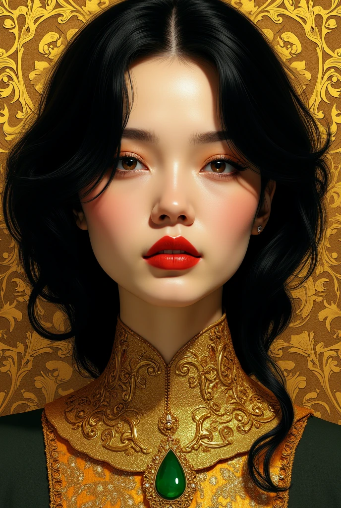 Dark haired woman in the style of Gustav Klimt. Ornate golden collar with green jewels. Red lips. 