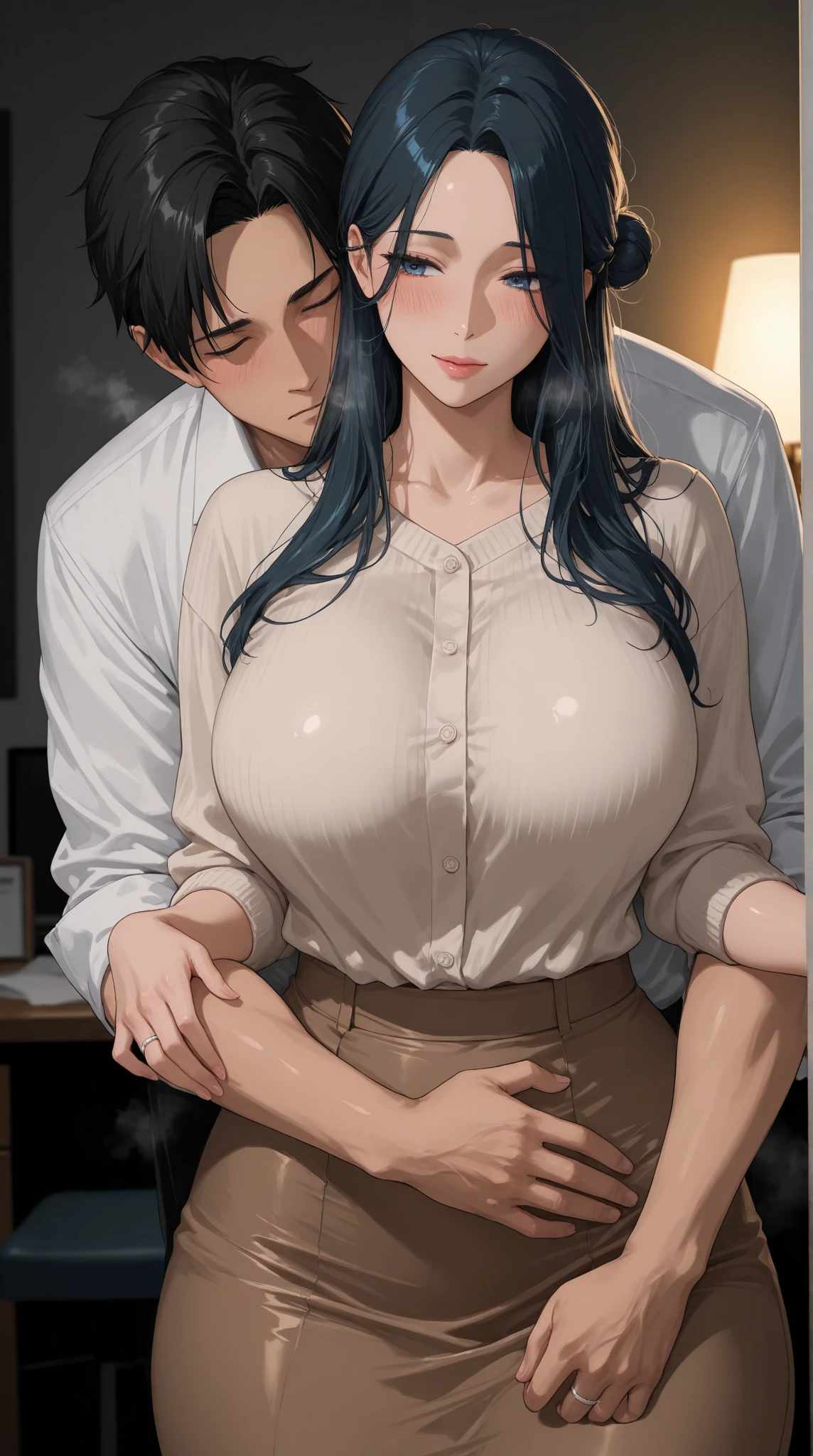 ((super high quality,Ultra-high resolution,4K,8k,super masterpiece,Ultra HD ,Detailed shading)),Dimly lit bedroom,Full body photo,Man and woman couple,A sexy mother and a naked man,popped collar White shirts,Tight collar,Long sleeve,BLACK Pencil Skirt,Black Hair,Penis inserted from the front,Sex,Glasses,Spread your legs wide,Ahegao,blush,Sweaty,semen,Drooling,Pearl Earrings,Pearl Necklace,Engagement Rings,Embrace a man face-to-face.,