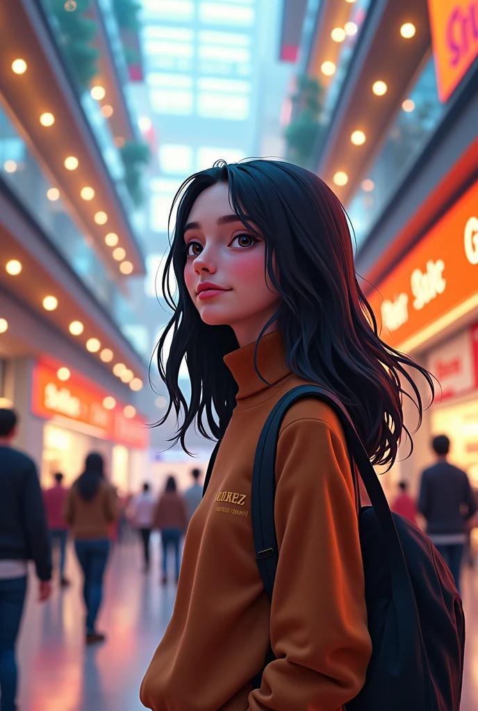 A high school student shopping mall with long hair in a turtleneck sweater