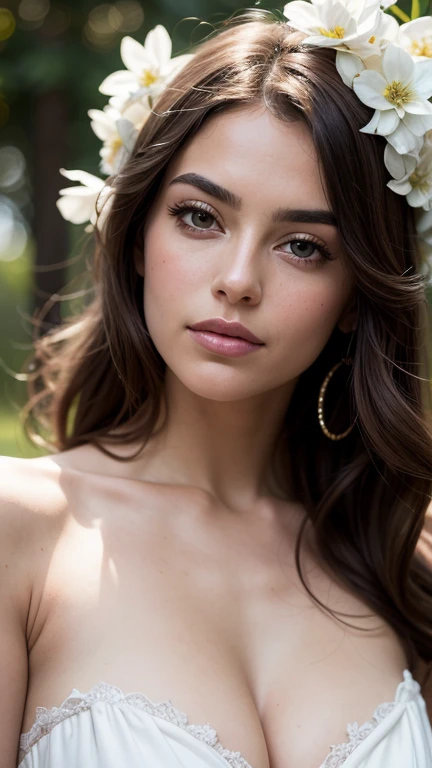 face, long hair, beautiful, girl, cleavage, tight floral satin dress, top, hot girl, in a villa full of flowers and trees