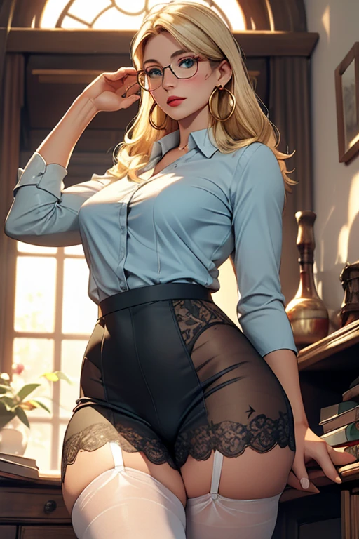 独奏,(:1.3),thick thight,upper legs,Wide buttock,dent in the skin,short detailed hair,Blonde curly hair,erected ,office room,ssmile,Love glasses ,Leaning in ,dungeon,Vaginal exposure ,cheerfulness,(Lace lingerie big breasts:1.2),cparted lips,plumw,exposed midriff,protruding areolas,gigantic cleavage breasts,4K,realistic humid skin,Armpits,Large curved hips,very big tongue out,Fleshy figure,with perfect legs,Hypertrophic,protruding areolas,Hypertrophic,crouched,a dark tanned skin,Bronzed skin,detailed lips,bubble butt,Breasts are larger than the torso,Crazy swollen breasts,otherworld background,Koreainsta Goddess,Realistic fantasy rendering,Forced hair,photorealistic anime girl rendering,Faraway view,(full-body portraits:1.4),(:1.5),(Exaggerated body proportions),(Nine-headed body),Wearing delicate earrings,chest exposed from armor,a plump buttocks,slender leg,Thick thighs,(Wear red transparent pantyhose), camel-toe,rendering by octane, (Unbeatable masterpiece, ultra realistic 8k cg, dramatics, Ray traching, hdr:1.2), (best qualtiy), fanciful, atmospurate, extremely detaile, iintricate, Hyper-detailing, glaring lights, (mirror lighting: 1.4), (photorealiscic face: 1.2), (dent in the skin: 1.3), (1 rapariga: 1.4)