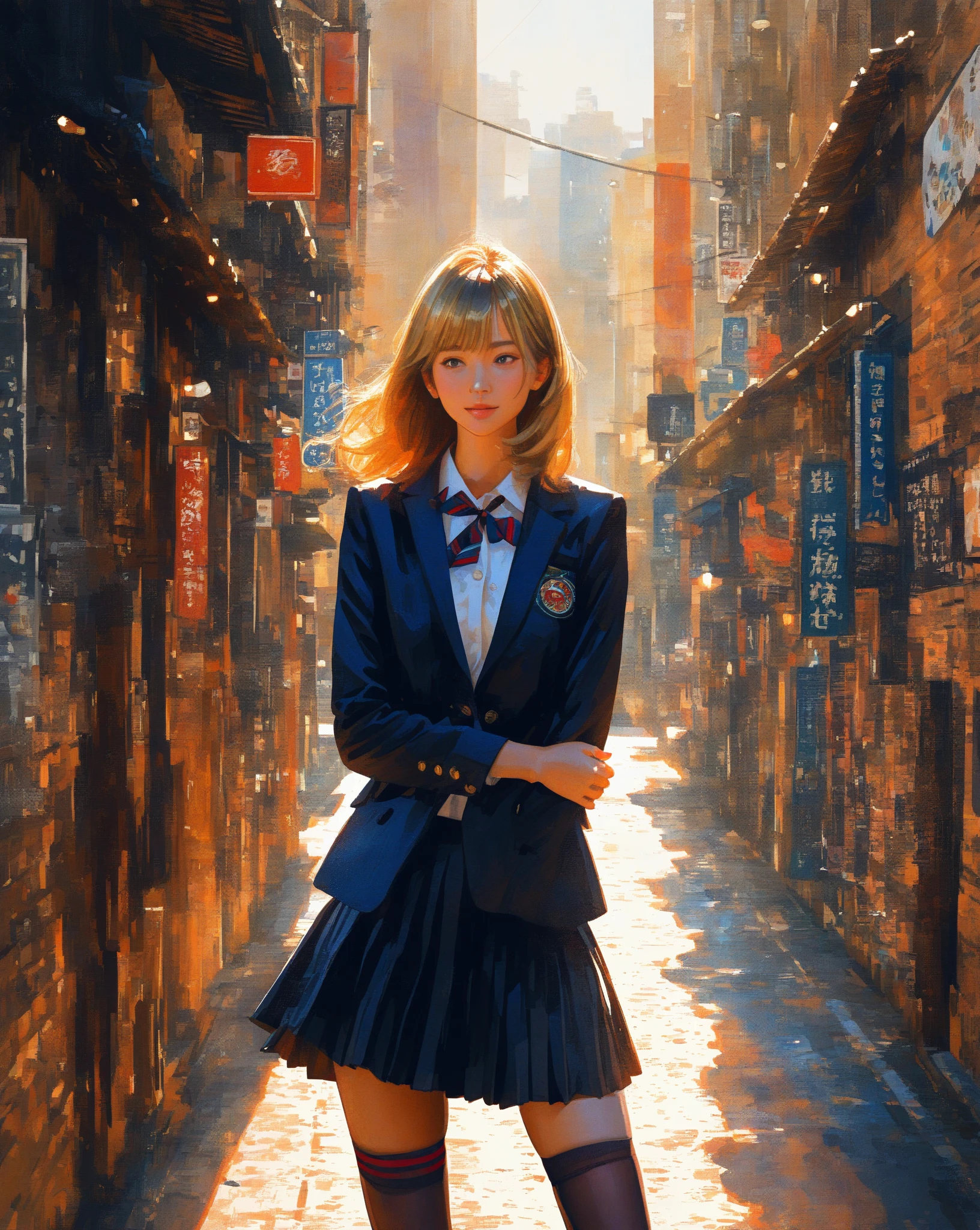 A painterly hyperrealistic digital illustration of a young woman in a Japanese school uniform, leaning casually against a brick wall on a sunlit urban street. She has tousled, golden-blonde hair, a confident and relaxed expression, and warm golden-hour lighting illuminating her skin. Her uniform includes a dark opened blazer, a loose tie with red stripes, a white unbuttoned shirt, a pleated skirt, and thigh-high stockings. The scene is highly detailed with visible brushstrokes and a soft oil-paint texture. The background features faded shop signs and soft-focus buildings, giving a cinematic, anime-meets-realism atmosphere. Emphasis on realistic , painterly lighting, and emotional depth.