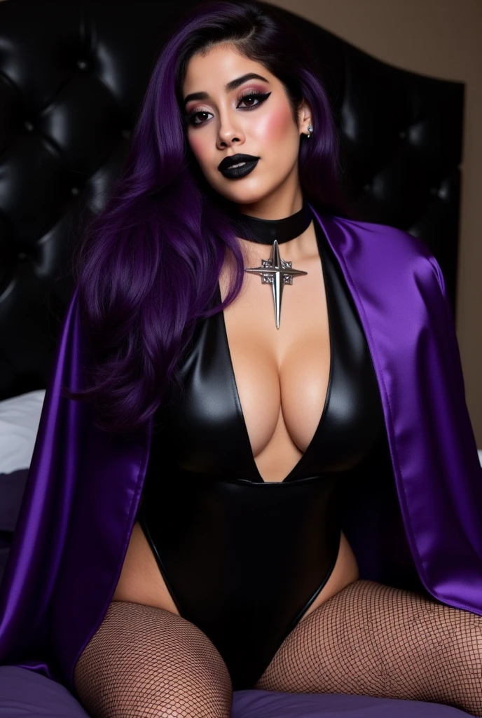 (masterpiece) (best quality) (highly detailed) (jessica rabbit), witch, flowing black robes revealing, attractive, space and time cracking, powerful glowing purple aura, long flowing purple hair, slim, seductive facial expression, big boobs, black lingerie, black lipstick, black eyeliner, black eye shadow, goth