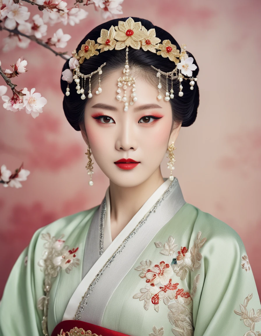 A regal East Asian empress in a classical setting, wearing a luxurious pale green and silver embroidered hanfu adorned with intricate pearl and floral motifs. Her hair is styled in an elegant traditional updo, crowned with an ornate golden tiara encrusted with red gemstones and floral filigree. She has flawless porcelain skin, dramatic red lips, and soft yet commanding eyes with warm-toned eye makeup. She is adorned with long, dangling pearl earrings. The background features a soft-focus, delicate cherry blossom painting that complements the elegance of her attire. The lighting is soft and radiant, highlighting the textures of silk, embroidery, and jewels. The overall composition evokes timeless grace and imperial opulence.