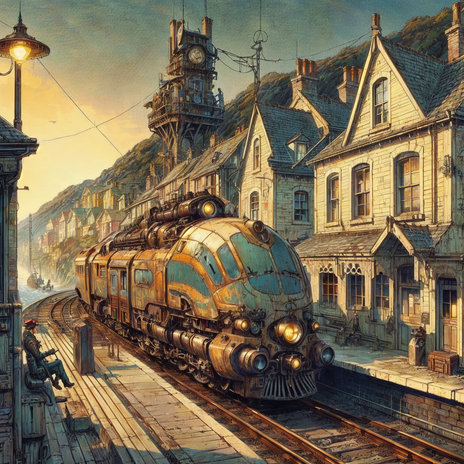 there is a train that is going down the tracks near a building, dieselpunk railway station, detailed steampunk illustration, dan mcpharlin : : ornate, biomechanical railroad, victorian steampunk city vista, victorian steampunk mega city, inspired victorian sci - fi, by Trevor Brown, alejandro burdisio art, ancient steampunk city, digital steampunk art, steampunk city, victorian city