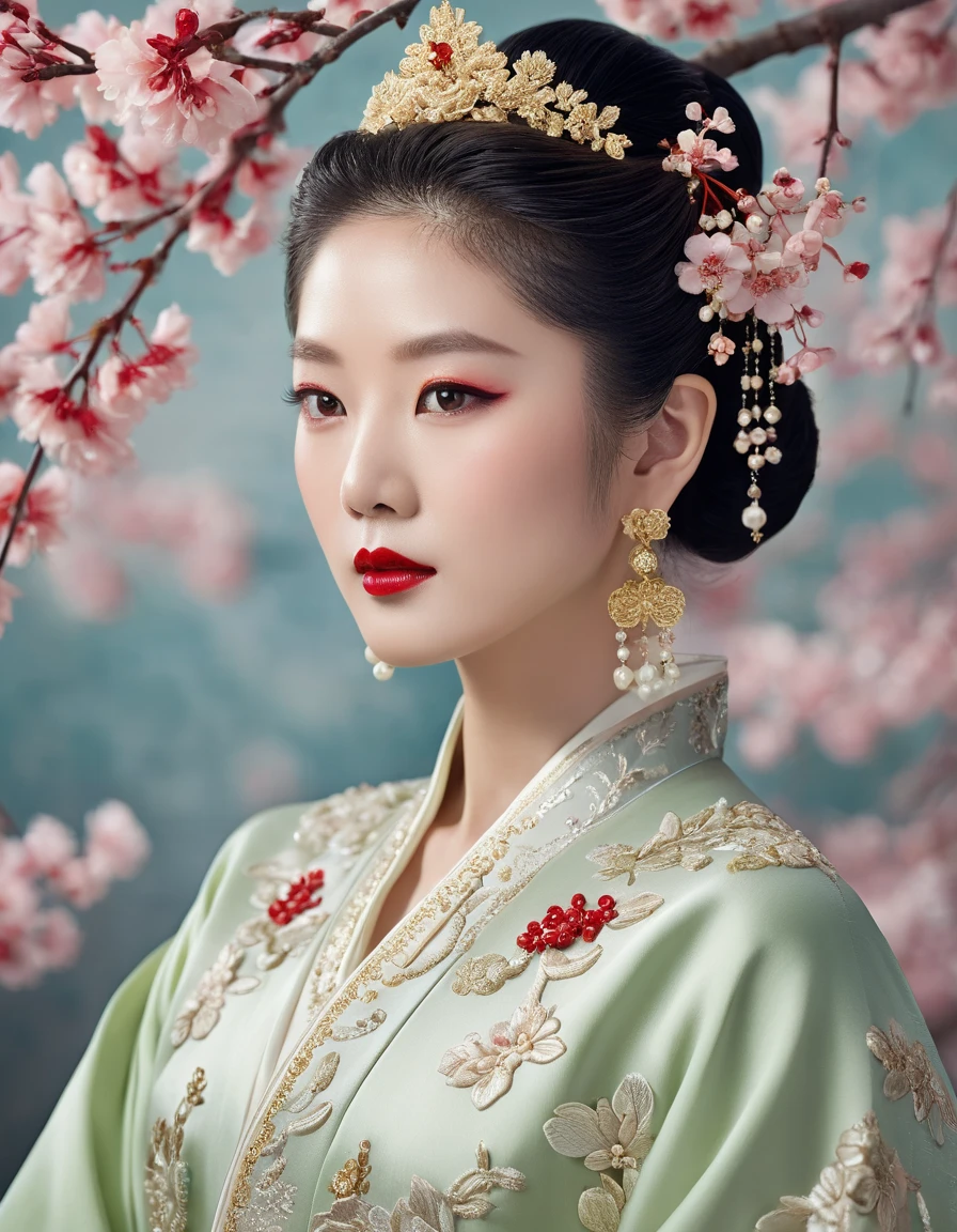 A regal East Asian empress in an opulent, classical setting, wearing a flowing pale green and silver hanfu adorned with intricate floral embroidery and clusters of pearls. Her dress features a low neckline that subtly reveals a seductive hint of cleavage, adding allure to her graceful poise. Her hair is styled in an elaborate traditional updo, crowned with a radiant golden tiara encrusted with red gemstones and delicate filigree leaves. She wears dramatic red lipstick, warm-toned eye makeup, and luminous skin with a porcelain finish. Pearl-drop earrings frame her face, enhancing her refined beauty. Behind her, a softly blurred cherry blossom painting enriches the scene with romantic atmosphere. Soft, radiant lighting bathes the composition in a gentle glow, highlighting the richness of textures—silk, embroidery, pearls, and gold. The overall mood is one of imperial elegance, mystery, and quiet seduction.