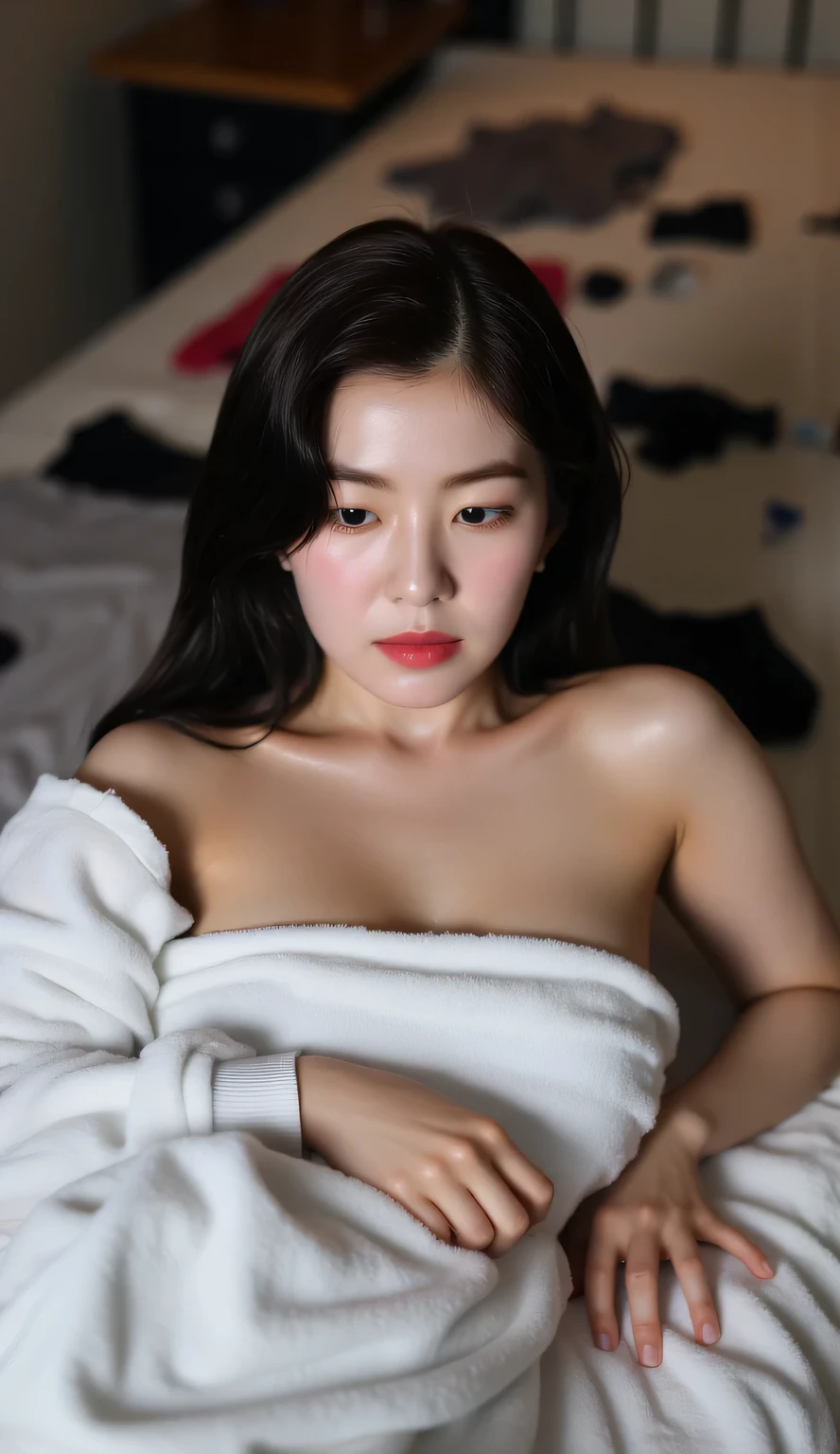 a woman, sleeping supine on the mattress, shirt looks full body, eyes looking at camera , body wrapped in wet towel, big size G-cup, thick red lips, horny face, black hair, whole body and wet wet clothes, bras and underwear strewn over the mattress, camera from afar