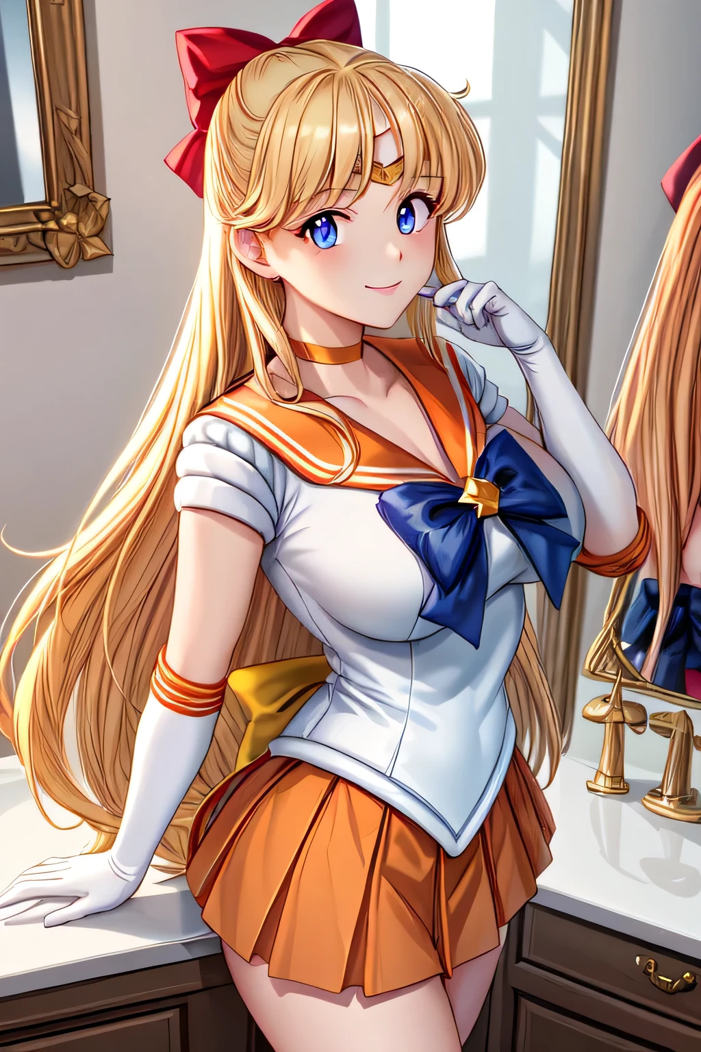 sailor_senshi_uniform, Anime Aunt, A MILF, sailor_Collar, Skirt, aino minako, Solo, Bow, white glove, sailorvenus, Blonde long-haired woman, elbowgloves, Red ribbon on head, Orange sailor collar, Golden sailor color, Back_Bow, orangechoker, Golden choker, Jewelry, Blue-eyed woman, Orange skirt, Golden skirt, Magical_girl, 耳Nipple Ring, circlet, skirt rift, Smile, rating:safe, Leotard, pleatedskirt, Underwear, Lifted_in door_self-expression, Half Up Hair, Bare shoulders, Bare legs, cowboys_shot, 鎖骨, shiny, up looking_で_viewer, panties on, Purple ribbon on chest, Woman standing, shiny_hair, Bangs, eyebrows_Visible_through_hair, hair_Bow, Closed_Mouth, highleg, very_long_hair, shiny_skin, heart mark, white leotard, white panties, Colossal tits