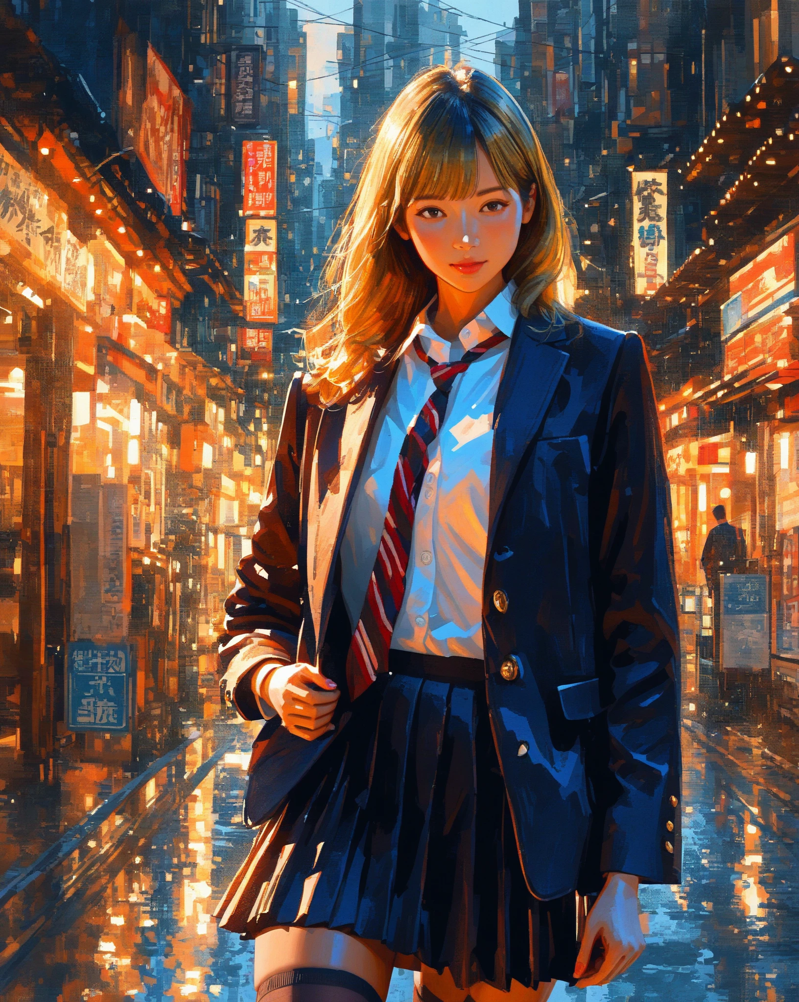 A painterly hyperrealistic digital illustration of a young woman in a Japanese school uniform, leaning casually against a street light on a sunlit urban street. She has tousled, golden-blonde hair, a confident and relaxed expression, and warm golden-hour lighting illuminating her skin. Her uniform includes a dark opened blazer, a loose tie with red stripes, a white unbuttoned shirt, a pleated skirt, and thigh-high stockings. The scene is highly detailed with subtle brushstrokes and a soft oil-paint texture. The background features faded shop signs and soft-focus buildings, giving a cinematic, anime-meets-realism atmosphere. Emphasis on realistic ???????, painterly lighting, and emotional depth.