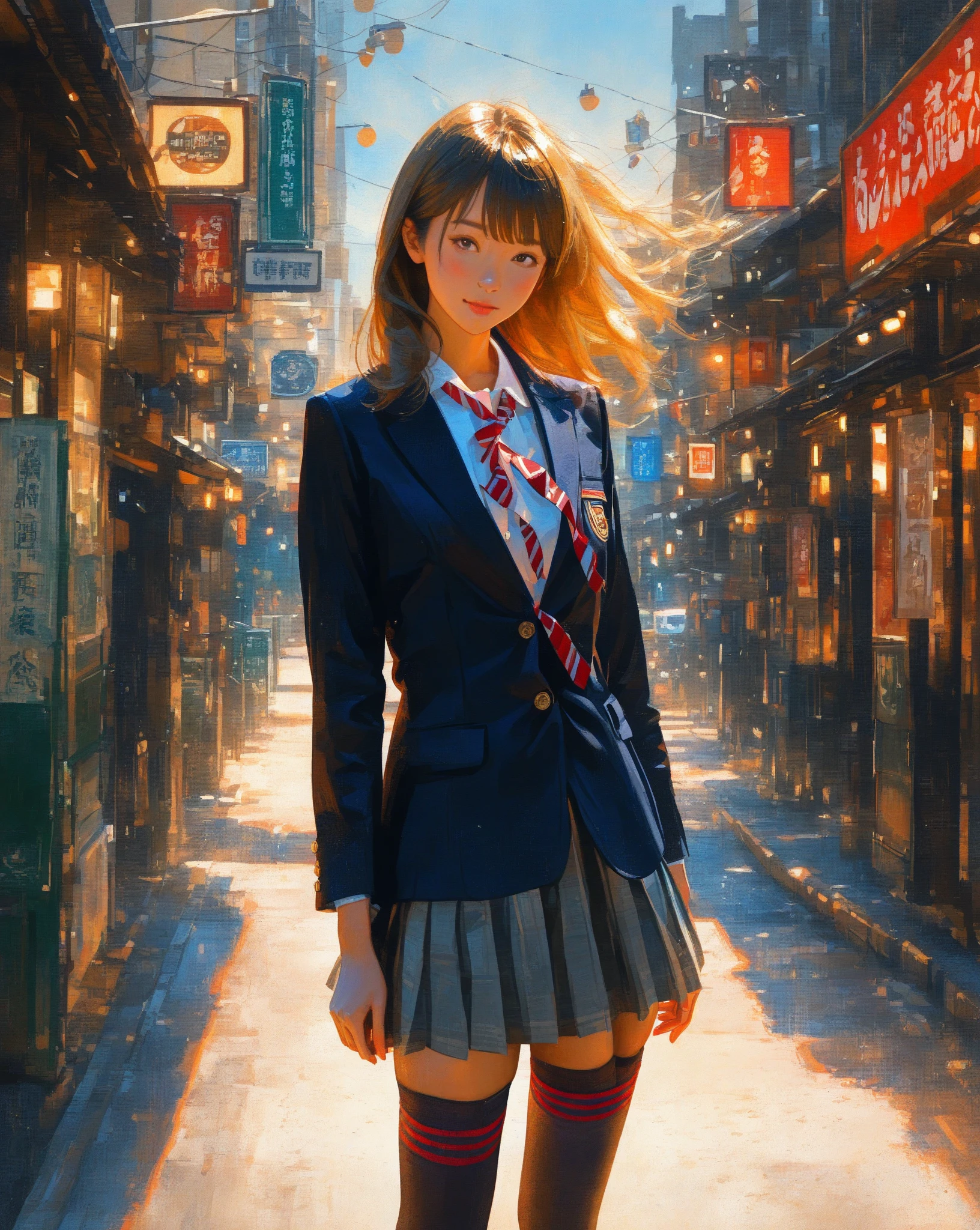 A painterly hyperrealistic digital illustration of a young woman in a Japanese school uniform, leaning casually against a street light on a sunlit urban street. She has tousled, golden-blonde hair, a confident and relaxed expression, and warm golden-hour lighting illuminating her skin. Her uniform includes a dark opened blazer, a loose tie with red stripes, a white unbuttoned shirt, a pleated skirt, and thigh-high stockings. The scene is highly detailed with subtle brushstrokes and a soft oil-paint texture. The background features faded shop signs and soft-focus buildings, giving a cinematic, anime-meets-realism atmosphere. Emphasis on realistic anatomy, painterly lighting, and emotional depth.