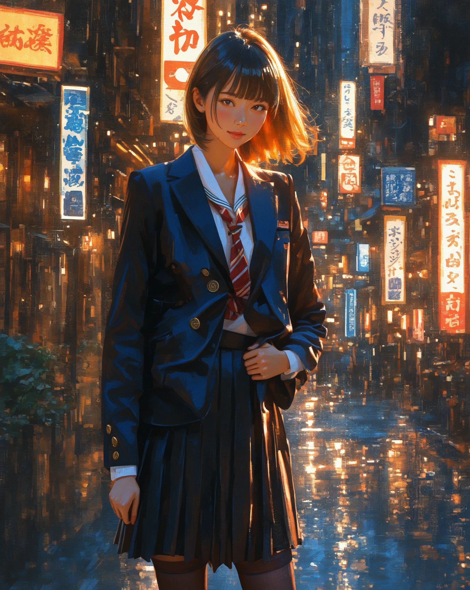A painterly hyperrealistic digital illustration of a young woman in a Japanese school uniform, leaning casually against a street light on a sunlit urban street. She has tousled, golden-blonde hair, a confident and relaxed expression, and warm golden-hour lighting illuminating her skin. Her uniform includes a dark opened blazer, a loose tie with red stripes, a white unbuttoned shirt, a pleated skirt, and thigh-high stockings. The scene is highly detailed with subtle brushstrokes and a soft oil-paint texture. The background features faded shop signs and soft-focus buildings, giving a cinematic, anime-meets-realism atmosphere. Emphasis on realistic , painterly lighting, and emotional depth.