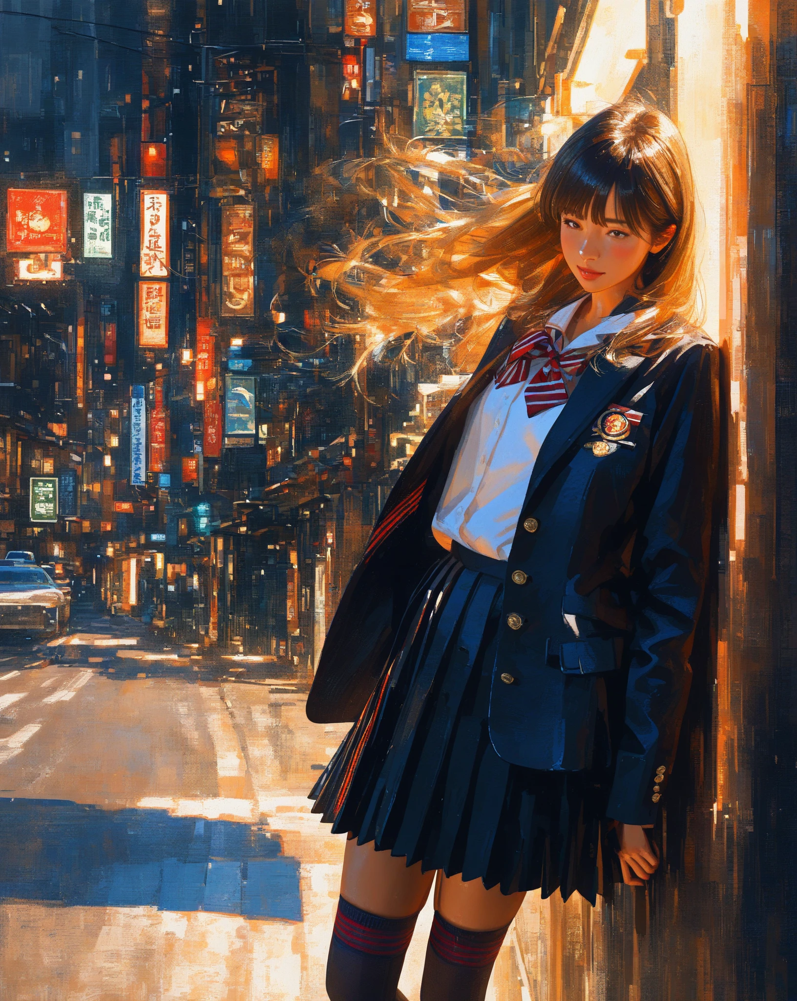 A painterly hyperrealistic digital illustration of a young woman in a Japanese school uniform, leaning casually against a street light on a sunlit urban street. She has tousled, golden-blonde hair, a confident and relaxed expression, and warm golden-hour lighting illuminating her skin. Her uniform includes a dark opened blazer, a loose tie with red stripes, a white unbuttoned shirt, a pleated skirt, and thigh-high stockings. The scene is highly detailed with subtle brushstrokes and a soft oil-paint texture. The background features faded shop signs and soft-focus buildings, giving a cinematic, anime-meets-realism atmosphere. Emphasis on realistic , painterly lighting, and emotional depth.