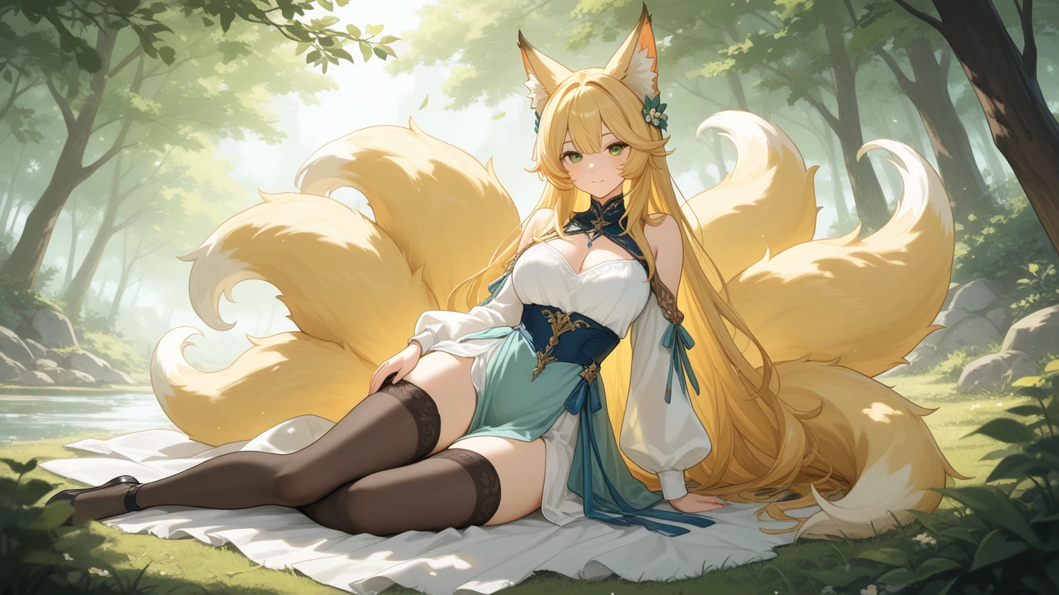 a beauty girl，Mature face，a matural female，Fluffy tail hair，Ultra-loose underwear，clothes slipping off，Anterior convex and posterior，Straight chest，Ruddy complexion，Huge fox tail，nabel，(huge tit)，adventurer，tit，areola of breast，pantiess，Stockings，Human Services Group