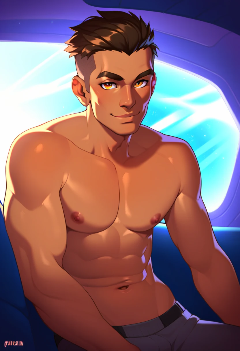 best quality, masterpiece, handsome polynesian man, tan skin, wavy dark hair, round eyes, transparent white pouch thong, graceful leaping pose, ethereal galaxy and cancer constellation background, bulge, sexy, gay, homoerotic, perfection, no watermark, no logo, no signature