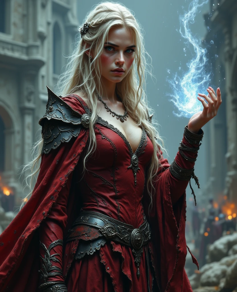 A fierce blonde female witch stands with a serious expression, exuding both beauty and danger. She wears a tight-fitting,red gown that hugs her figure perfectly, adorned with silver accents and intricate vine-like patterns that shimmer faintly in the light. Big breasts. Her photorealistic face is striking, with sharp, captivating features and piercing violet eyes that seem to hypnotize anyone who meets her gaze. casting a mesmerizing spell with icy energies in her hand
She stands in the midst of a misty battlefield, her posture confident and her gaze focused, radiating determination. The background features an ancient, war-torn landscape with crumbling ruins and tattered banners fluttering in the wind. The scene has a medieval fantasy aesthetic, emphasizing strength, discipline, and the spirit of a seasoned warrior. Around her, female witches stand ready, their presence adding to the atmosphere of strength and  unity.
(best quality,4k,8k,highres,masterpiece:1.2),ultra-detailed,(realistic,photorealistic,photo-realistic:1.37),HDR,UHD,studio lighting,ultra-fine painting,sharp focus,physically-based rendering,extreme detail description,professional,vivid colors,bokeh,portraiture,glamour,sensual,alluring,wear mexi, in style of Retna, full body,
,
