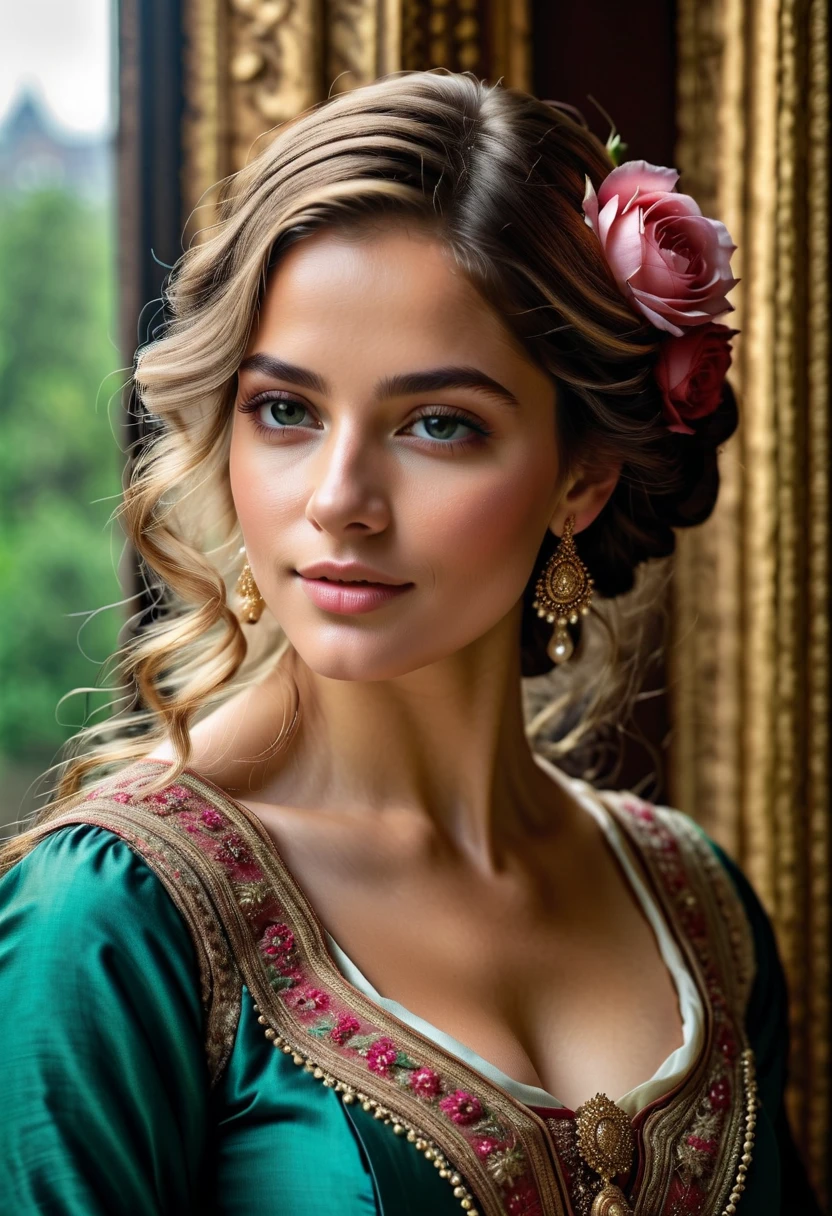 (best quality,4k,8k,highres,masterpiece:1.2), ultra-detailed, (realistic,photorealistic,photo-realistic:1.37),In the portrait of this enchanting , the daughter of a prosperous merchant during the flourishing 17th century in the Netherlands, every brushstroke captures the essence of her youth and nude innocence. Her golden locks cascade in gentle waves, adorned with ribbons and pearls that speak of her family's affluence. Each curl seems to dance in the light, framing her cherubic face with an air of purity and grace. Her eyes, wide and bright, reflect the curiosity and wonder of hood, as if every glance is filled with endless possibilities. Her rosy cheeks flush with vitality, a testament to her health and happiness in the embrace of her privileged upbringing. A delicate dimple graces her smile, adding a touch of sweetness to her countenance that is as charming as it is captivating. Dressed in the finest silks and lace, her gown whispers softly with every movement, a symphony of luxury and refinement. Embroidered motifs and intricate details adorn her attire, showcasing the exquisite craftsmanship of the era and her family's esteemed status in society. In her hands, she holds a posy of fresh flowers, their vibrant colors mirroring the bloom of her youth. With each delicate petal, she seems to embody the essence of spring itself, a beacon of hope and renewal in a world filled with uncertainty. This portrait of the daughter of a prosperous Dutch merchant is not just a representation of beauty; it's a window into a bygone era of elegance, privilege, and the timeless innocence of youth.sexy cleavage
