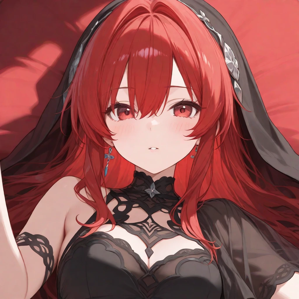 "A hot MILF, long flowing red hair, wear black cloak, and wear a black crown"