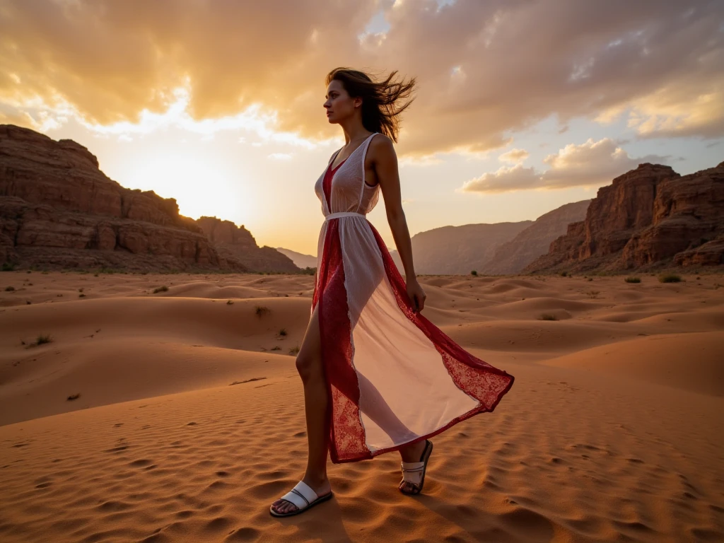 beauty plump woman with brown hair in red shoes in red,Refined looks,Fairy air fluttering,The gauze skirt flew up,Take photos in the desert,ultra-realistic realism,color field printing,high detal,hyper HD,anatomy correct,cinematic lighting 4d quality