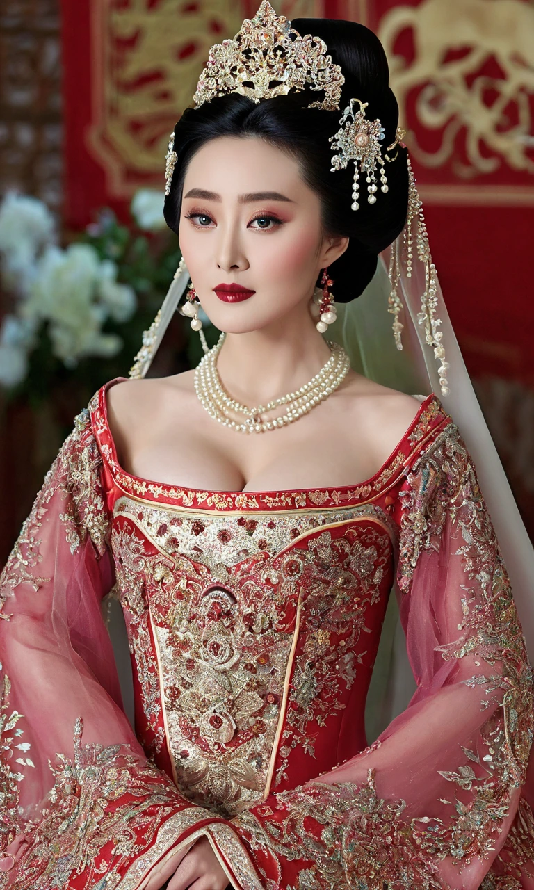 An authoritative a true scene of a breathtaking beautiful and celestial and majestic chinese lady resembling fan bingbing who is a sultry empress of china with large elegant, hawk-like-nose, who embodies old fashioned class, sophistication, elgance as well as wholesome, natural beauty. curvy, thin-waist, wide-hips, swaying-hips. Laura Vandervoort. Insanely Oppulent and majestic sequined square neck historically accurate victorian coronation multi layered tulle huge and long ancient hanfu or any ancient traditional dress of china with long tulle floating sleeves and a hint of seductive cleavage and it must be fancy like an aged empress, the beauty of her face is devilishly high and hypnotic and her eyes are like pearls with wicked smile. It is a promise of seduction as her huge breasts swirls out and makes you to edge on your orgasm, striking evil makeup with pure red lipstick that tempts to look more and more and feel scorned and humiliated by her beauty. she is in her coronation ceremony. hint of seductive cleavage makes men to submit to her. her hairstyle is a royal puffy huge Thick updo. her gaze is seductively dominant and powerful and majestic with intense charismatic. you will be forced to look at her seductive cleavage and aroused and kneel and then prostrate and worship her. the way her gaze shows and whispers: ‘Kneel and worship me my servant and show your humility as a good slave.’if you watched at her you must immediately kneel and prostrate and if you don't, you shall feel extremely horny by the hint of her seductive cleavage a burst into a huge orgasm. she will force you to kneel and prostrate at her like a god whether you like it or not. you will feel possessed by her bewitching beauty and voluptuous power and she will force you to kneel and prostrate at her like a god whether you like it or not. you will feel possessed by her bewitching beauty and voluptuous power and she sees that you will be forced to kneel with her possessive power of her