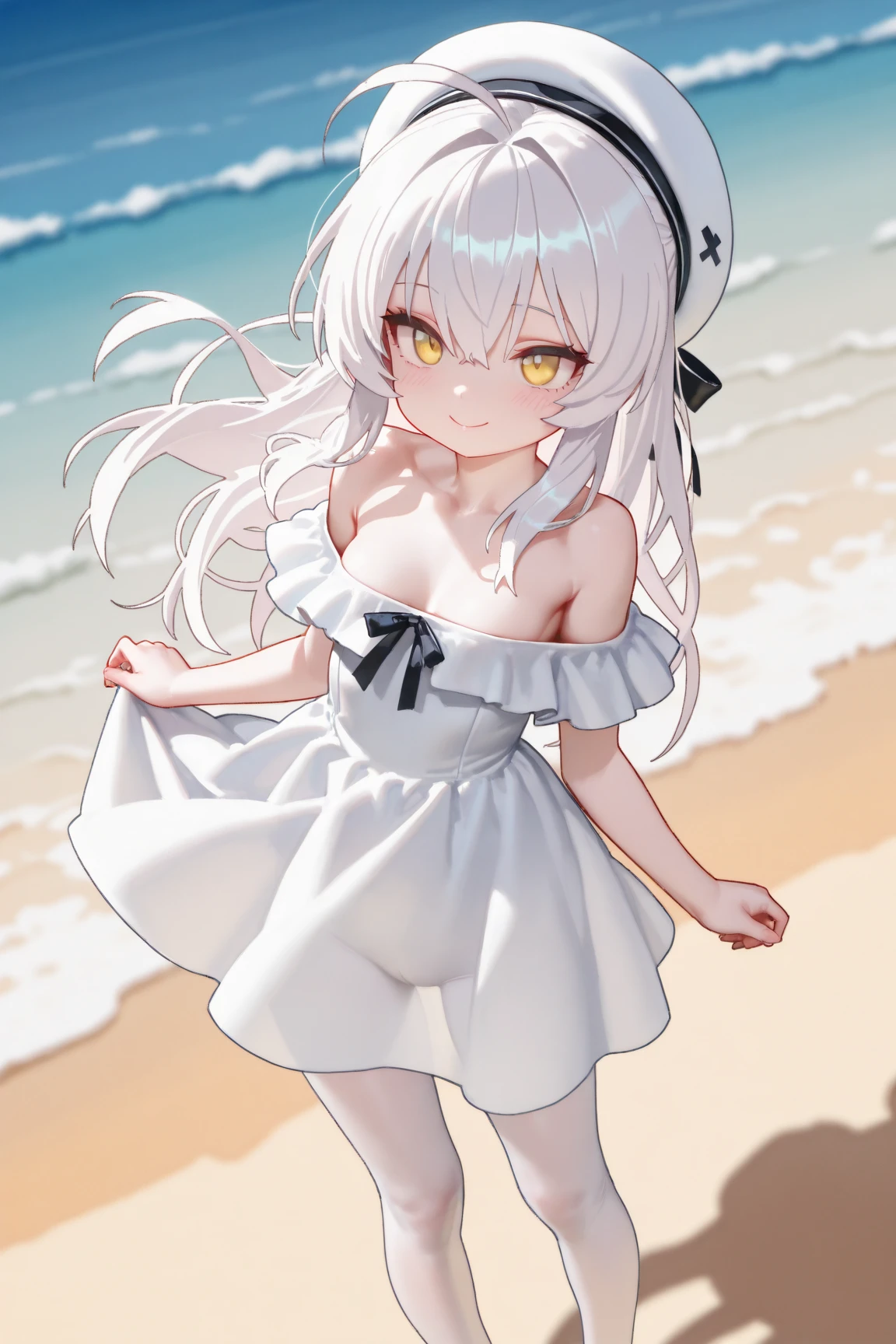 Kanna Kamui maid dragon, nsfw, 1girl, loli, colored eyelashes, detailed eyes, detailed face, fantasy, long hair, eyeshadow, flat chest,  wide hips, thick thighs, kanna_kamui standing in a desert dune wearing a white sundress