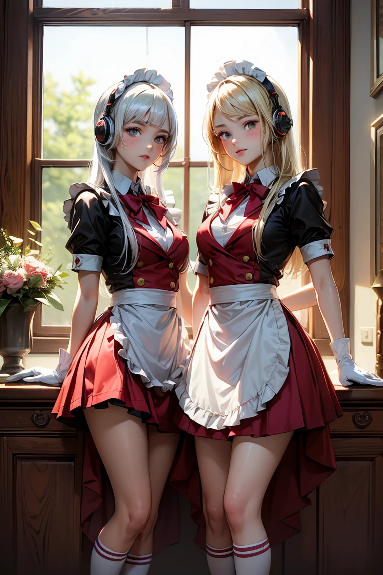 The 2 most beautiful high school twin sister girls, blonde platinum hair, white school uniform, red vest, red skirt, maid headdress, headphones, white gloves, white socks