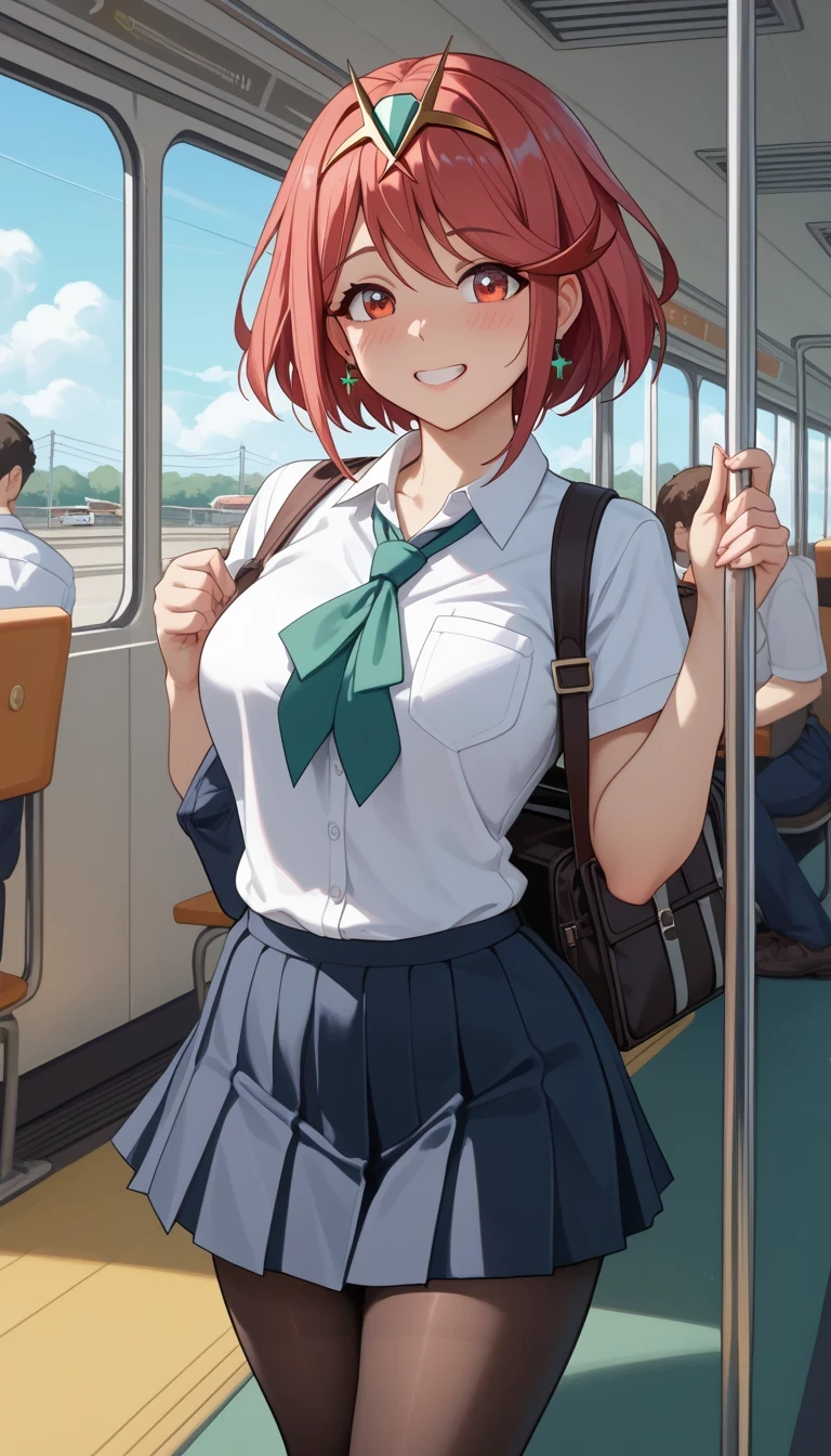 score_9, score_8_up, score_7_up, sauce_Anime Top Quality、8k、 masterpiece、super high accuracy、 natural light、perfect anatomy、pretty eyes、one woman、medium breasts、saggy breasts:1.5、pyra、(is embarrassing:1.2、fun)、school uniform、miniskirt、pantyhose、(train)、 books