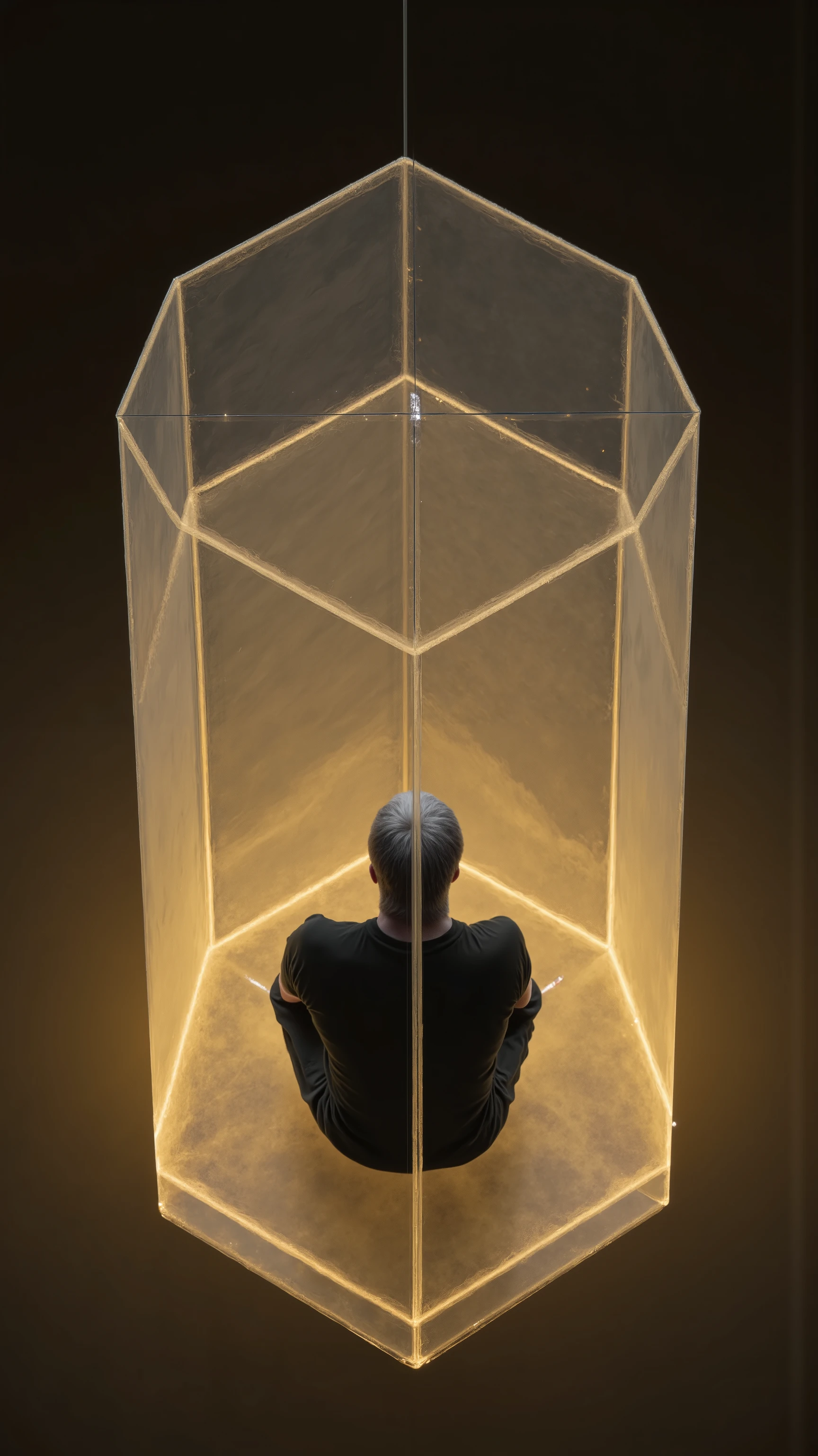 (A transparent hexagonal pillar connecting the universe and the earth), (Long hair, gray hair, good physique), (Back view), (Sit in the center of a hexagonal pillar and meditate:1.4), ((Back view of an old man meditating inside a transparent, golden hexagonal pillar)), (4k, 4K quality, Ultra HD, Ultra-detailed, very accurate, oil:1.4), mystical background, Poured Light, perspective, Overlooking、Farsightedness,