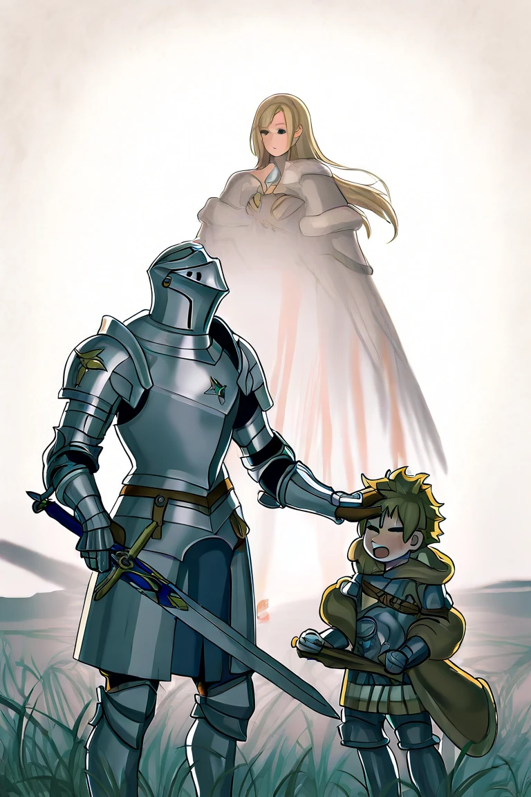 Make a woman with a beautiful back, long loose hair with black bangs, short pink blouse and shorts, with her 3 year old son, blond, with slightly voluminous hair, they are with their backs turned looking at a magic sword stuck in a stone on the ground.