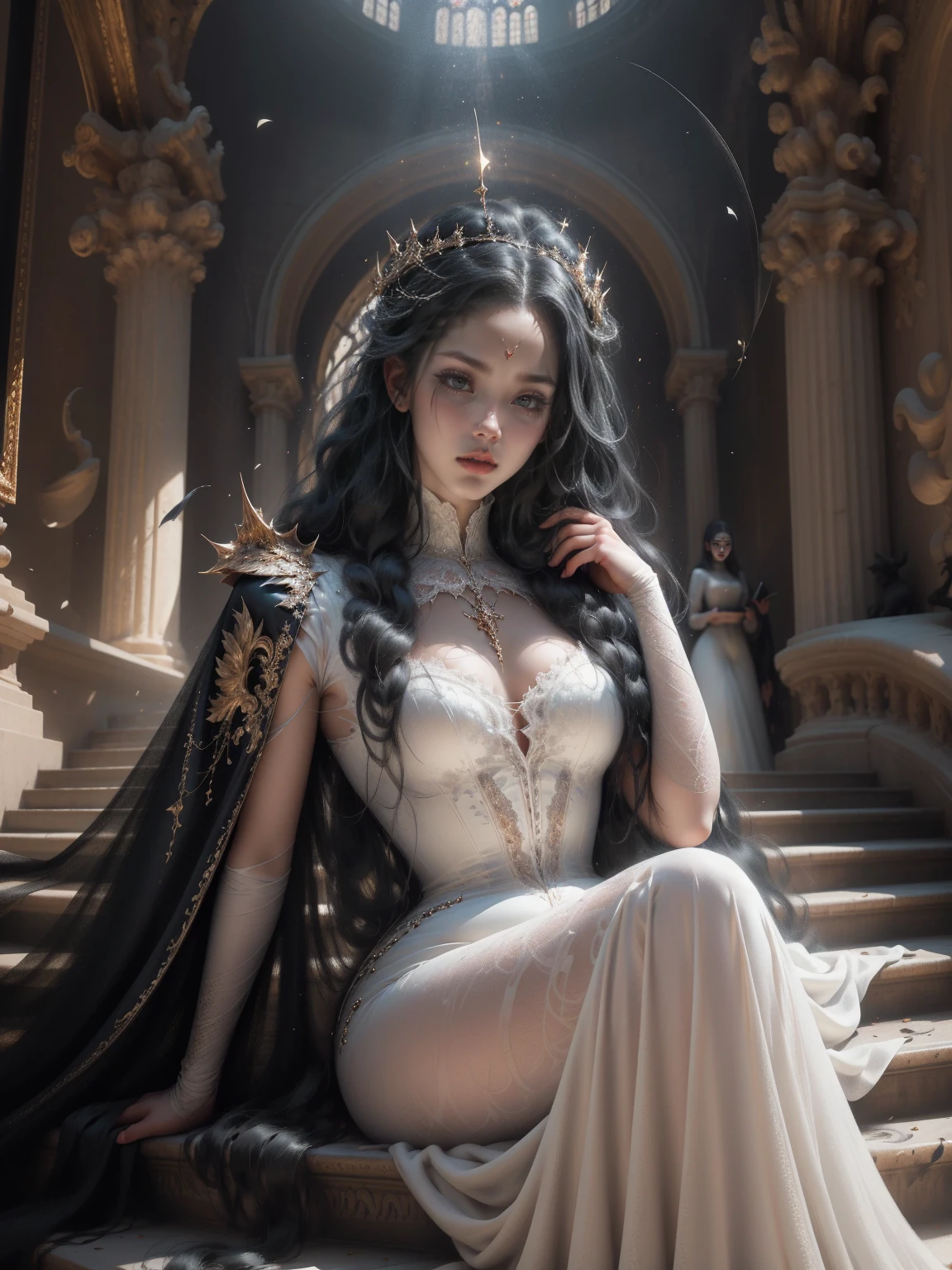 high details, best quality, 8k, [ultra detailed], masterpiece, best quality, (extremely detailed), ultra wide shot, photorealistic, a picture of a empress  wearing white dress (intricate details, Masterpiece, best quality: 1.5), [[holding a scepter]] (intricate details, Masterpiece, best quality: 1.5), wearing a crown with 12 stars (intricate details, Masterpiece, best quality: 1.5), wearing high heels, sitting on a throne (intricate details, Masterpiece, best quality: 1.5), black hair, long hair, flowing hair, intense eyes, light from the back [[12 stars in the background]], best quality, highres, ultra wide angle