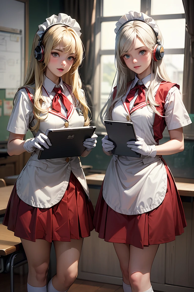 The 2 most beautiful high school twin sister girls, blonde platinum hair, white school uniform, red vest, red skirt, maid headdress, headphones, white gloves, white socks, studies in the class 