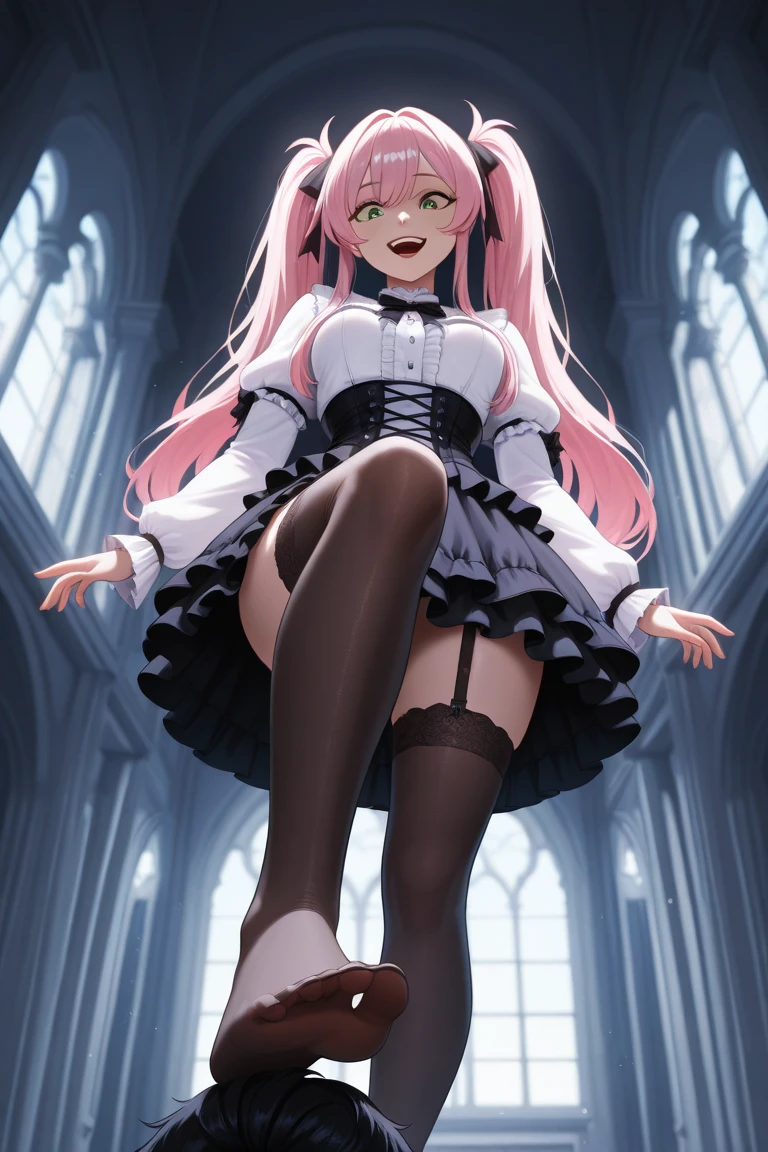 giant girl 50,000 feet high，Weight 1000kg，Have a pair of long legs，Keep your eyes open，Has three pairs of huge white angel wings，With huge devil horns on his head，wear a crown on your head，Elf wearing white earrings，She has long pink hair that reaches her feet，loose hair，Pink wavy long curly hair，Wearing a pair of black boots on her feet，white sleeves，Wearing a white JK dress，Bow and star embellished skirt，Sit on a tall building，Beautiful appearance，Exquisite makeup，quality，8k，高quality，Perfect proportion, Cinema lighting，film grain，Fuji colors，8k，textured skin，Super details，high detail，high resolution，charming，blood stains，脚底有blood stains，whole body，fat，elf princess，feather，flowers