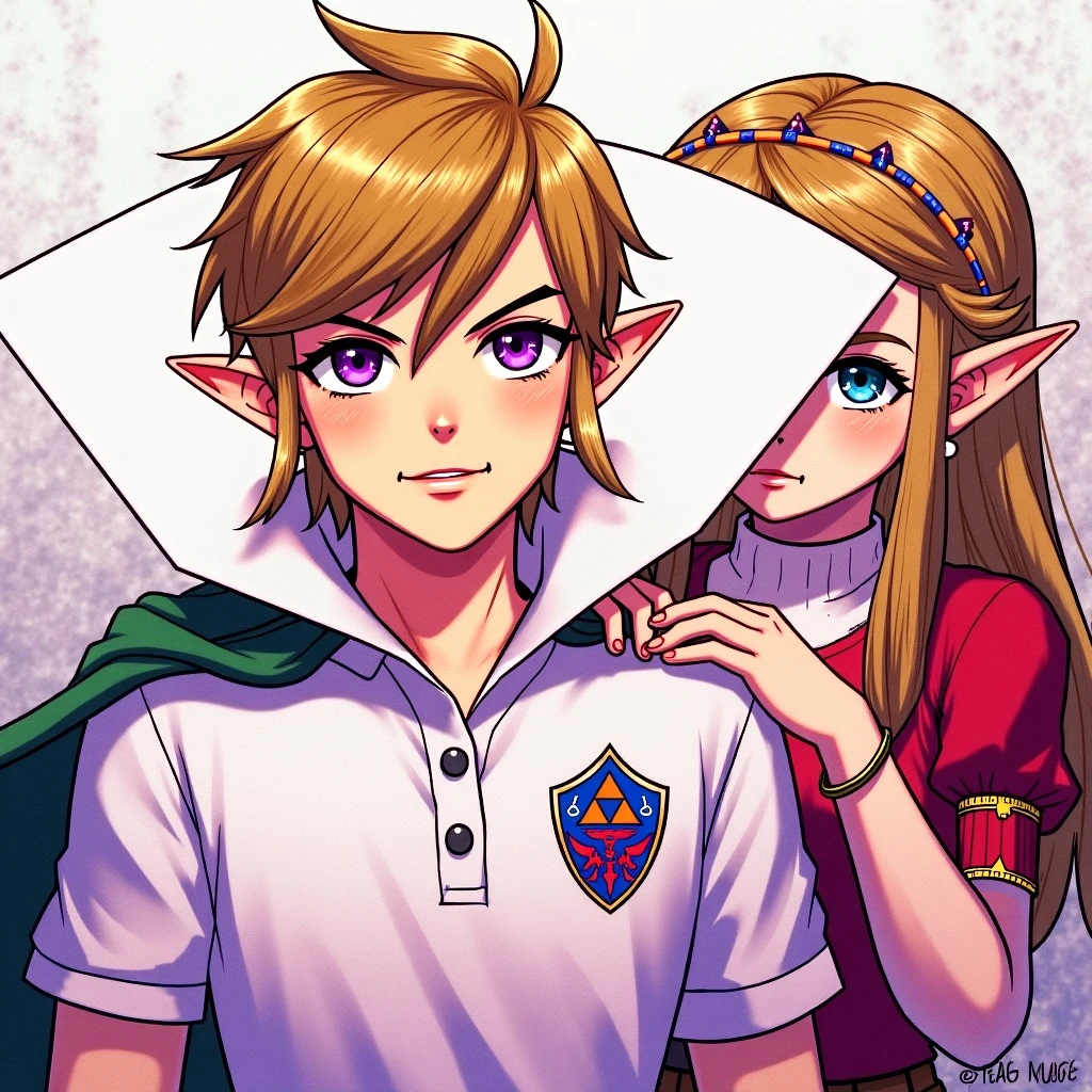 Anime Ocarina of time Emperor Link wearing a Massive popped collar polo with a collar so high it's taller than his head he's with Princess Zelda