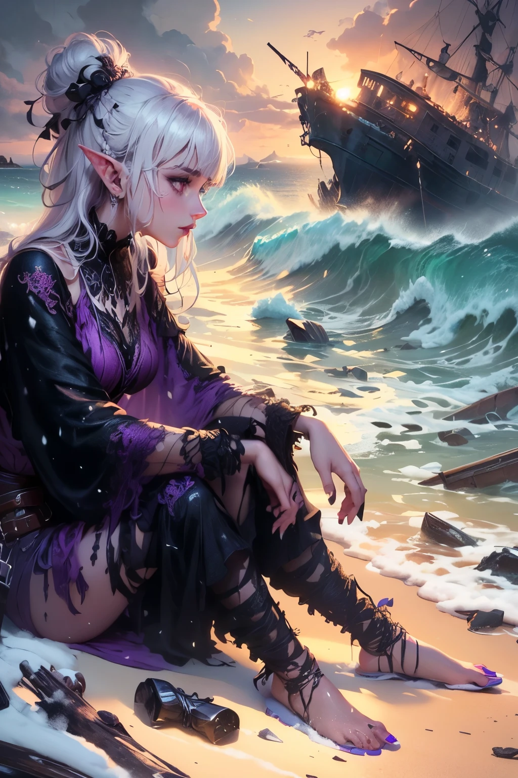 (Ultra-detailed face, Looking Away, Gothic Illustration, Dark Tone Colors.) , BREAK
(View looking down on the beach from above. A female dark elf adventurer drifts onto the shore of a snowy tropical island, looking around in dismay. A wrecked galley can be seen in the rough sea, and the beach is littered with broken pieces of the ship and its cargo. Her body is wet, her clothes are torn, and she is barefoot.) , BREAK
(She has white hair and white eyebrows, crisp bangs, shoulder-length wavy hair, small pink lips, lavender eyes, dark purple skin, and eyeliner.), (She wears a shiny black bib necklace with a net covering her neck. She wears an embroidered purple cape and a classic medieval European-style empire dress with raw embroidery. She wears sandals with braided white laces.)