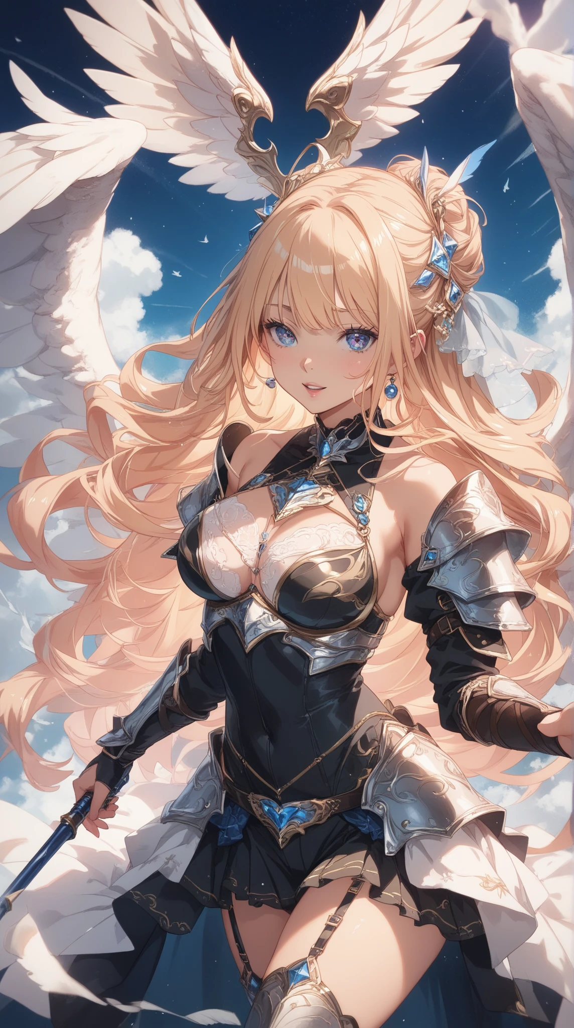 female archangel prepared for battle, an extremally beautiful warrior valkyre, ultra feminine, long hair, dark blonde hair, braided hair, wearing divine heavy armor, long leather boots, cleavage, big breasts, (white armor: 1.2), full plate armor, (angel wings: 1.2) spread, angel wings on both sides of her back, posing for a picture, full body, floating mid-air, sunset, 16k, RAW, ultra wide shot, photorealism, depth of field, hyper realistic, 2.5 rendering, ray tracing
