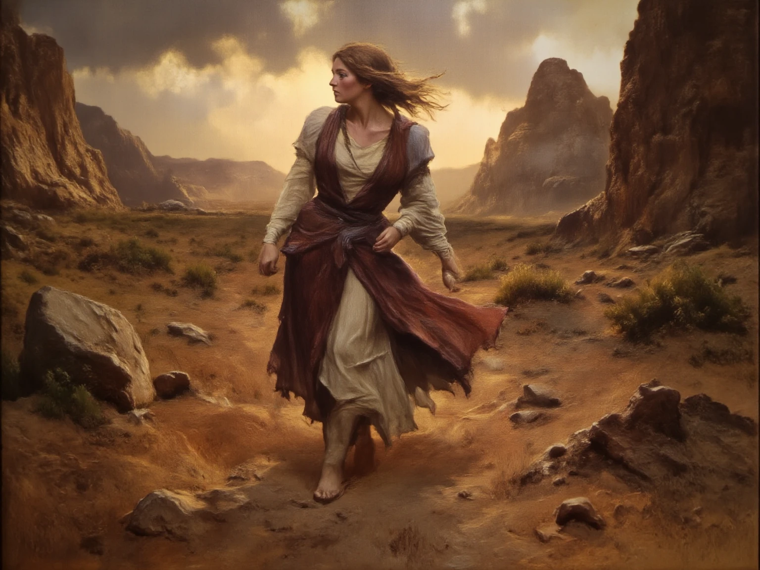 realpaint, acrylic and waterpaint poetic and artistic, add charcoal for texture and contouring, hyperrealistic, elaborate, clear and light style. At sunset, with golden light filtering through dark clouds, a woman seen in profile walks barefoot through the sand in Petra, Wadi Rum desert in Jordan. Her brown hair lifted by the wind, the light shines through her strands. She wears a medieval-style dress of dark red leather and white linen—now —flowing delicately with the breeze, and white leather sandals.