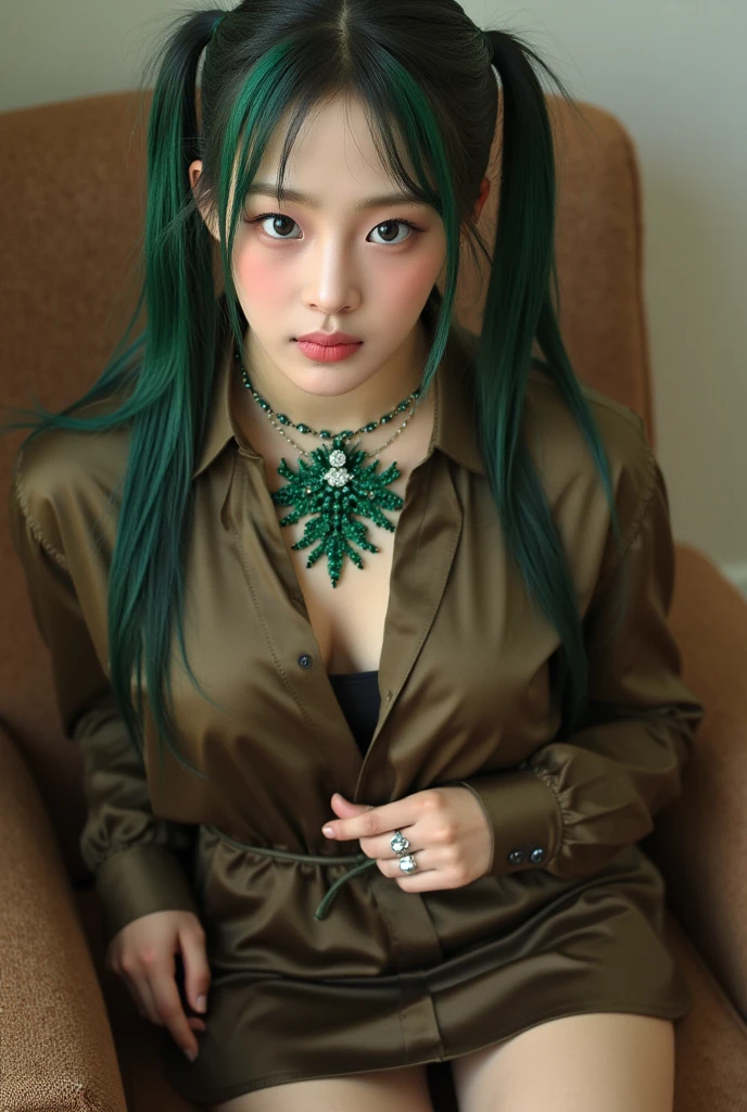 russian girl, fullbody, necklace, jewelry, green hair, red eyeliner, brown eyes, bangs, sexy pose, best quality, masterpiece, wearing suit, an extremely delicate and beautiful, CG, unity, 8k wallpaper, Amazing, finely detail, masterpiece, official art, extremely detailed CG unity 8k wallpaper, incredibly absurdres, huge filesize, ultra-detailed, highres, extremely detailed, beautiful detailed girl, realistic, full frontal, light contrast, completely legs